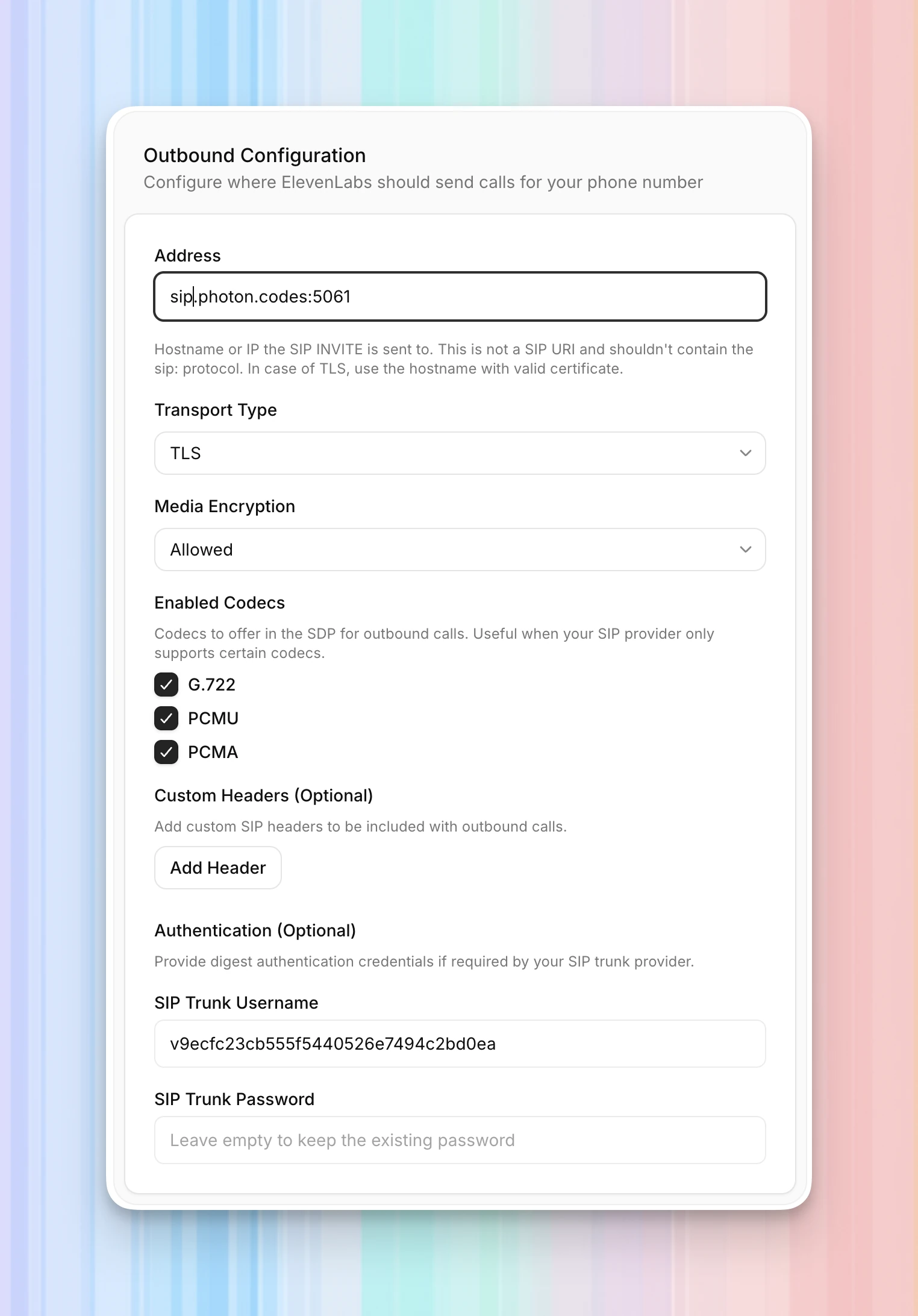 ElevenLabs outbound settings with sip.photon.codes:5061, TLS, Allowed media encryption, the three codecs selected, and the existing SIP credential.