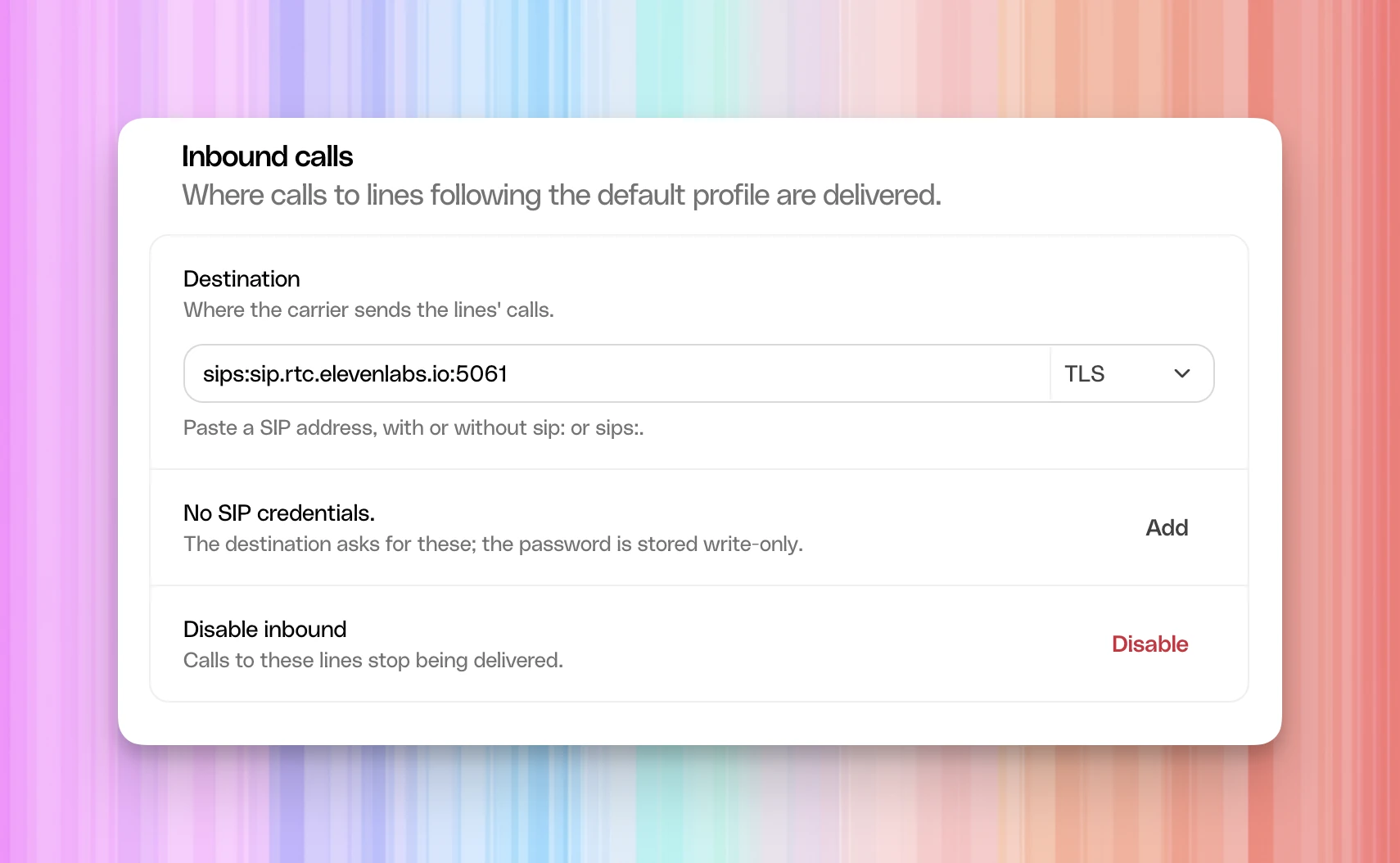 Photon inbound destination set to sips:sip.rtc.elevenlabs.io:5061, with TLS selected and no SIP credentials.