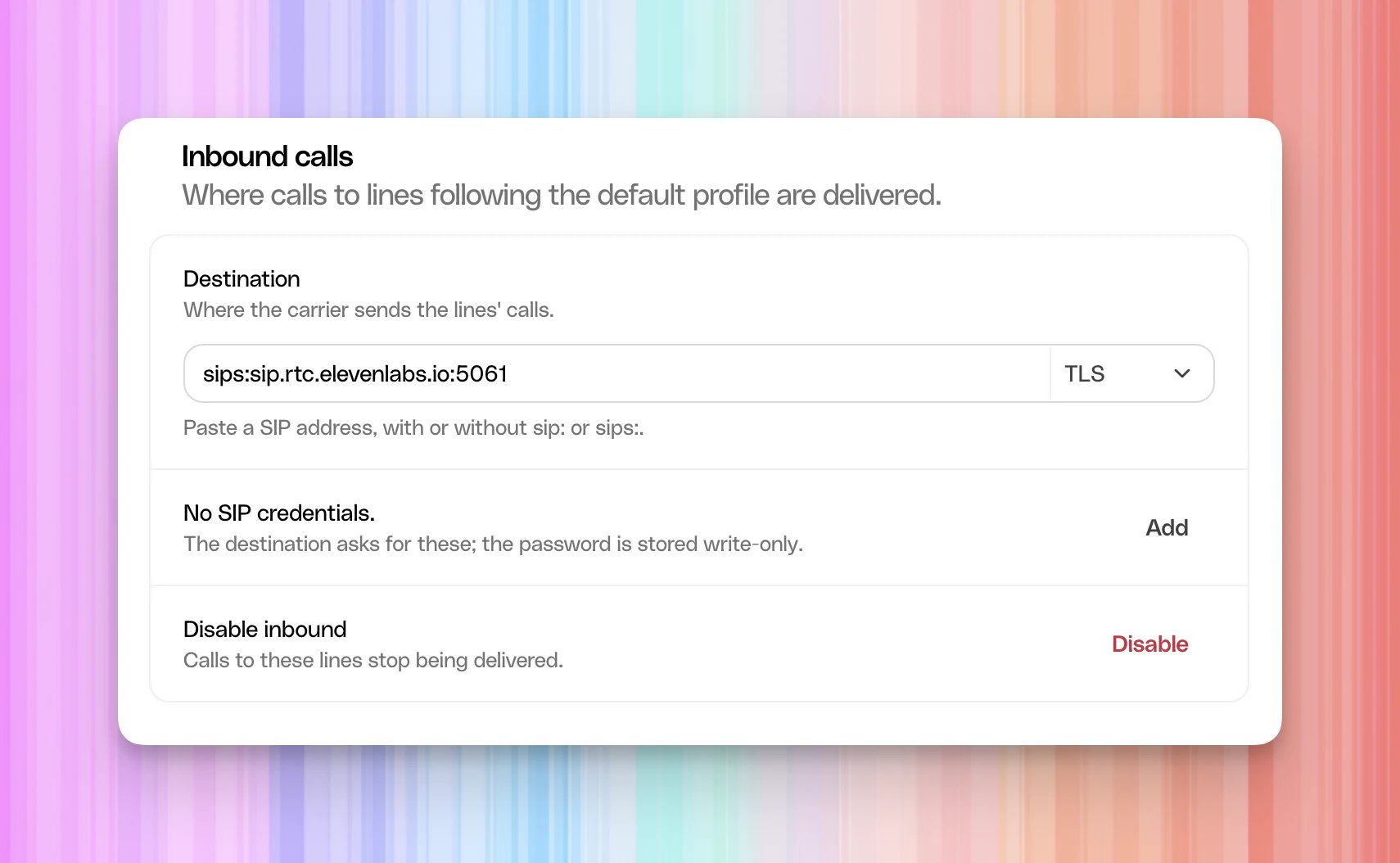 Photon inbound destination set to sips:sip.rtc.elevenlabs.io:5061, with TLS selected and no SIP credentials.