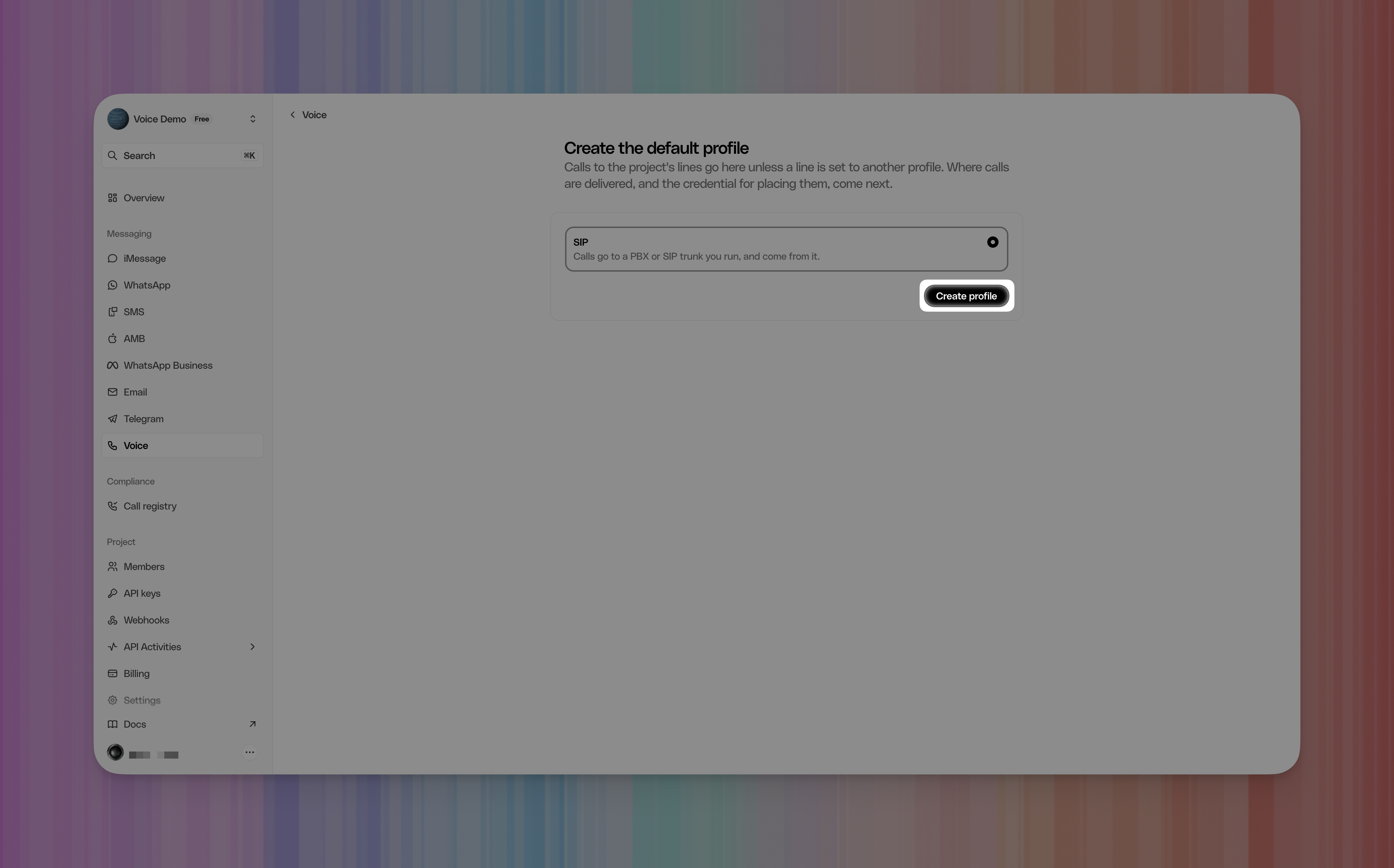 Create the default Photon Voice profile with SIP selected.