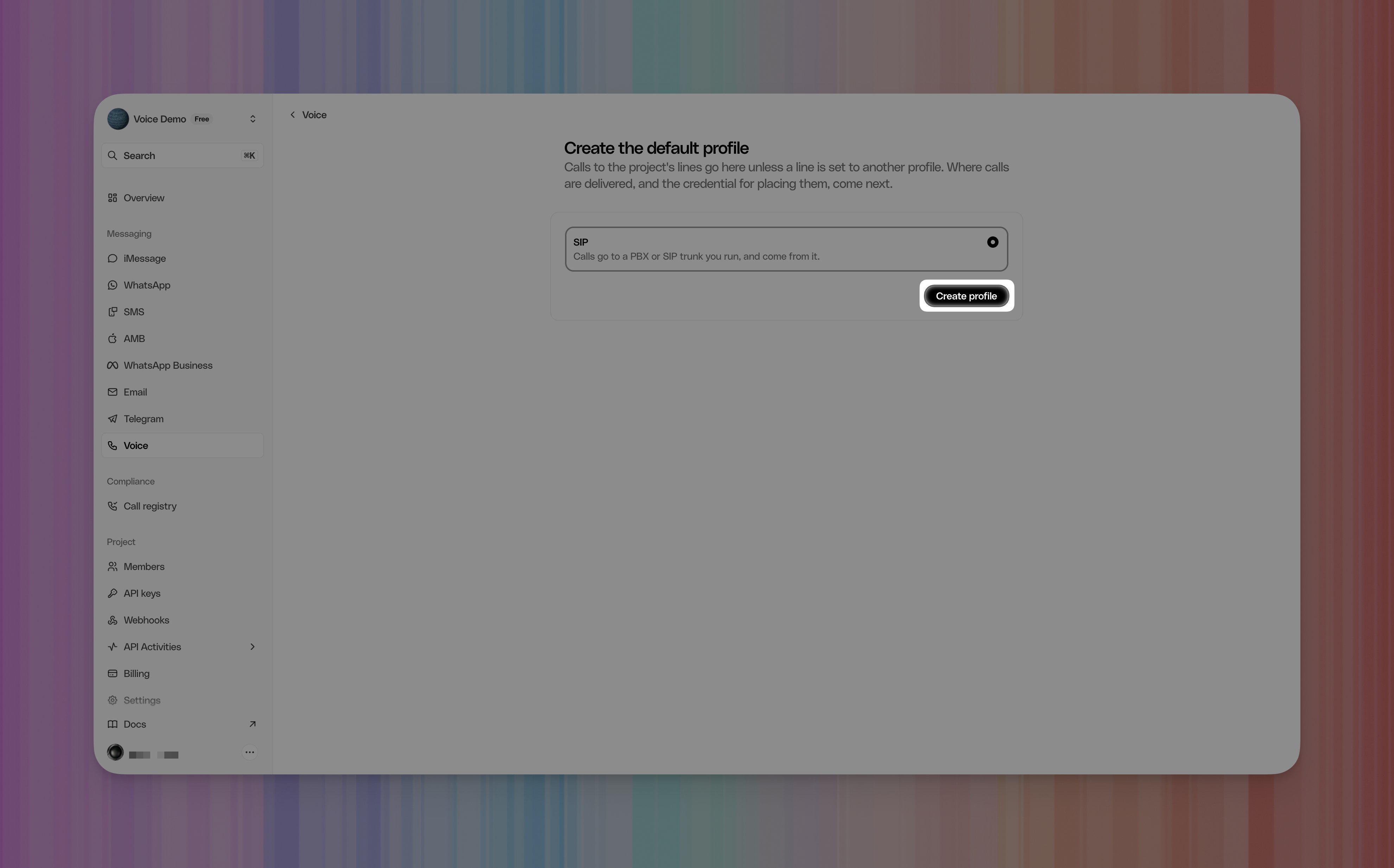 Create the default Photon Voice profile with SIP selected.