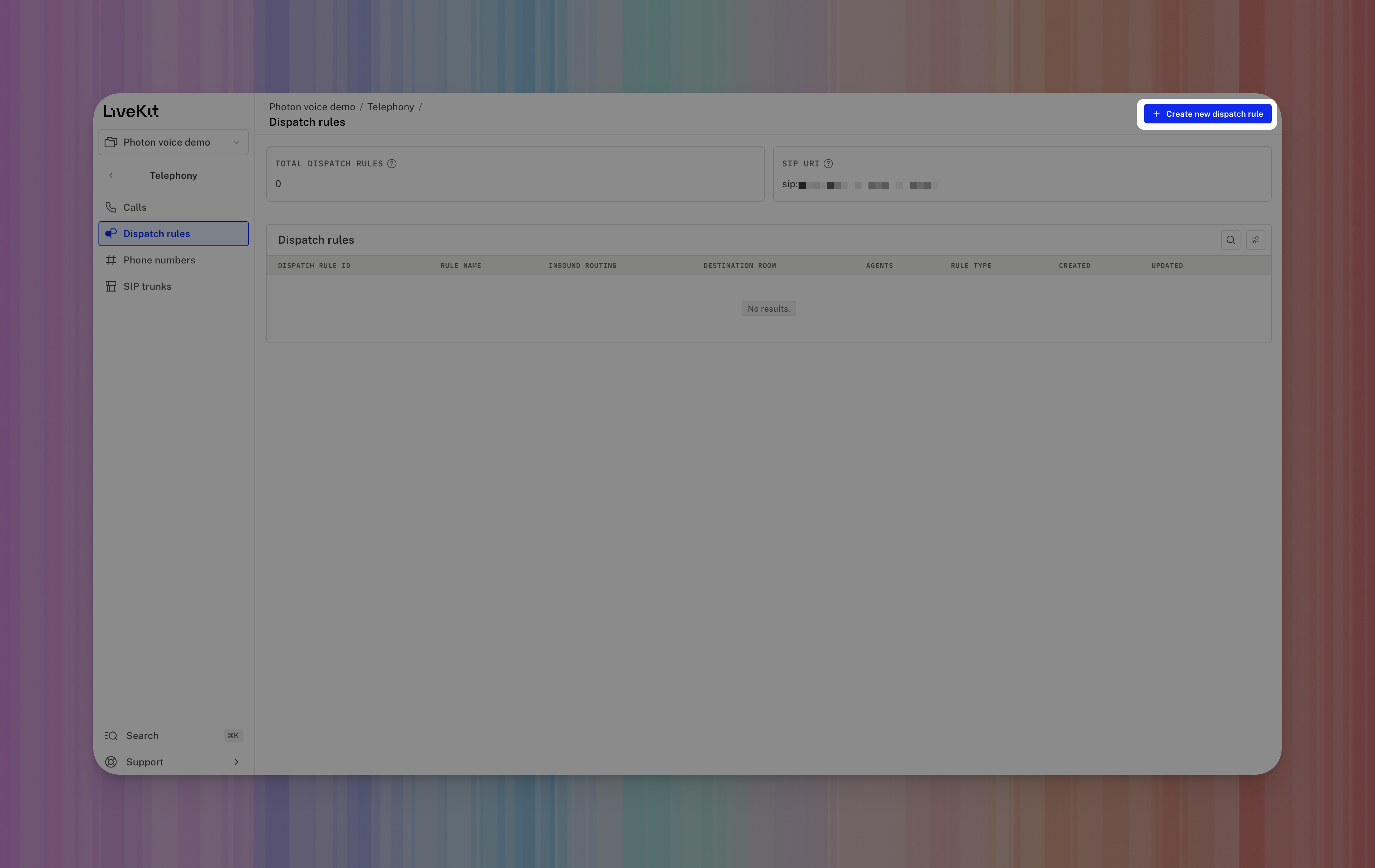 LiveKit Dispatch rules page with Create new dispatch rule highlighted.