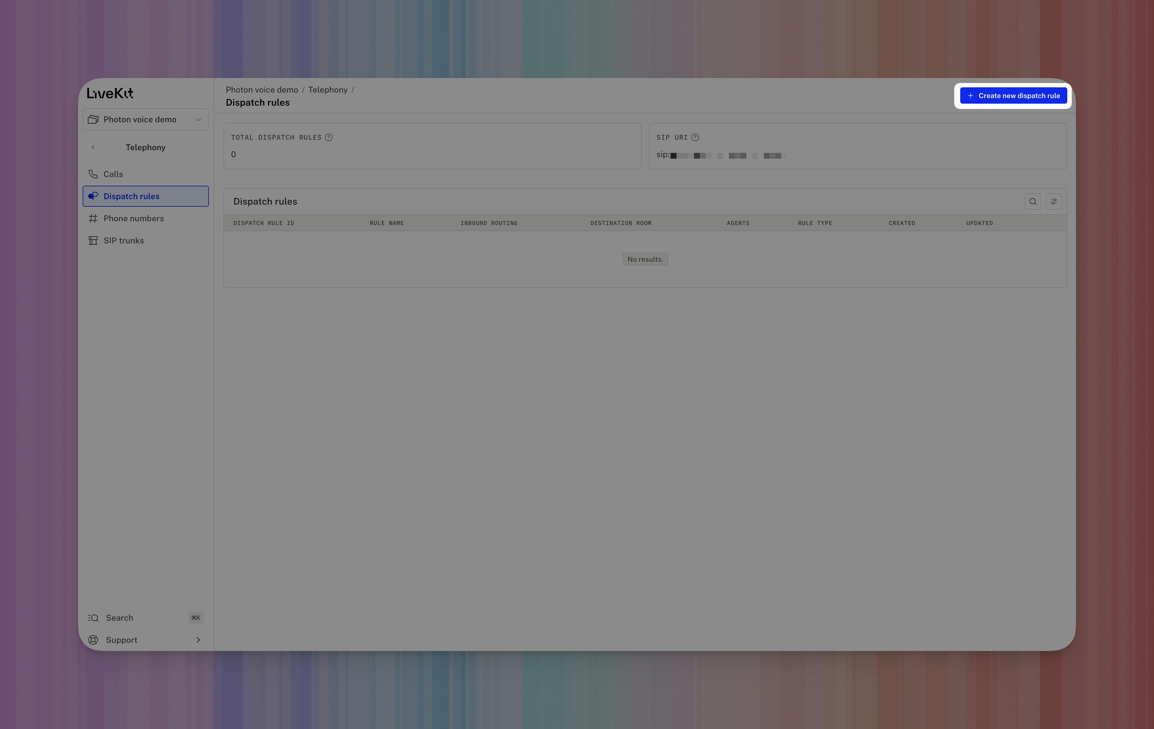 LiveKit Dispatch rules page with Create new dispatch rule highlighted.