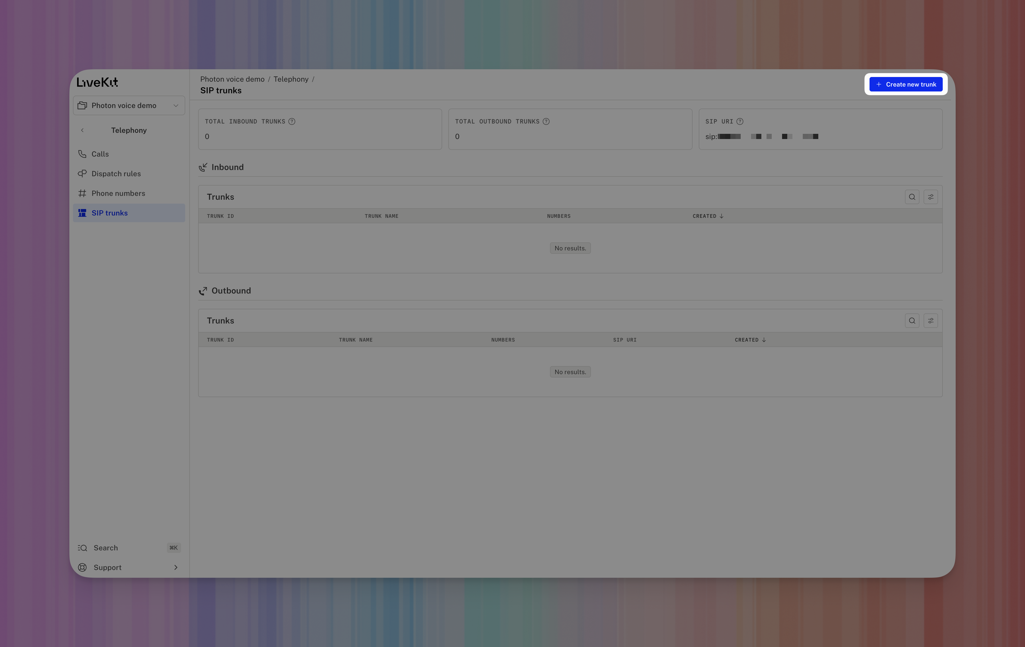 LiveKit SIP trunks page with Create new trunk highlighted.