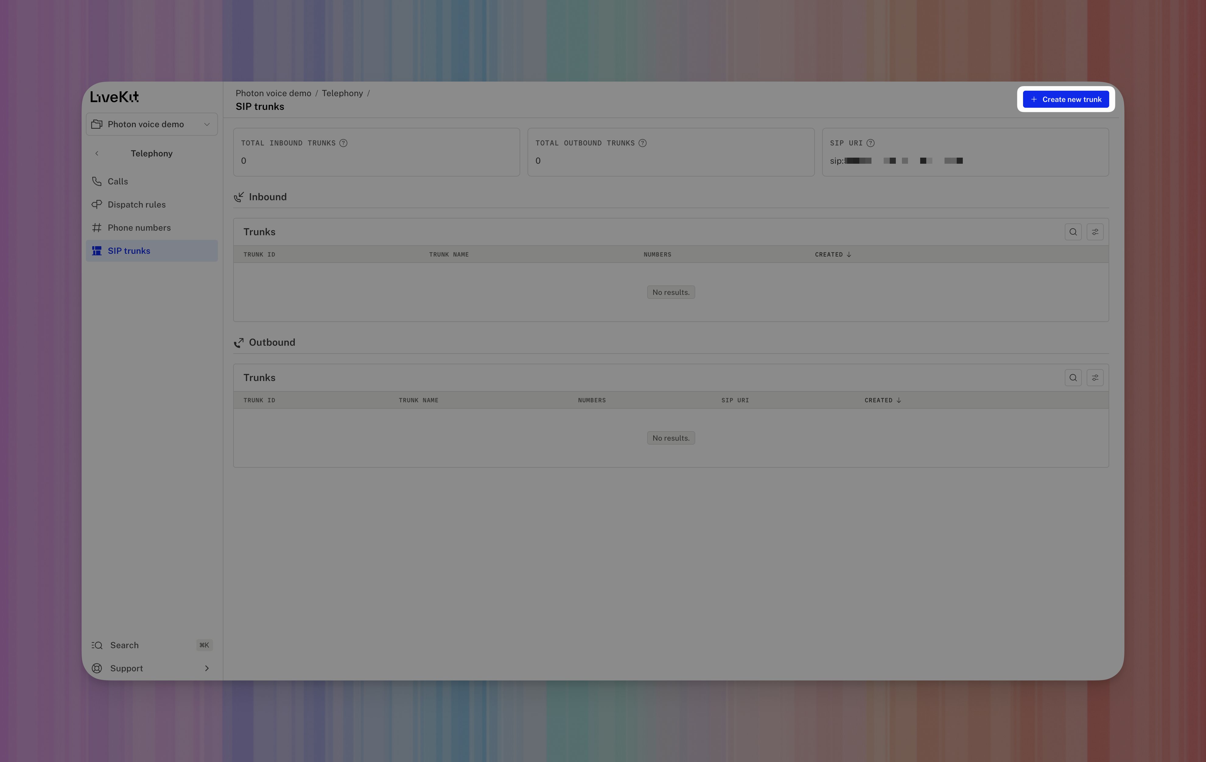 LiveKit SIP trunks page with Create new trunk highlighted.