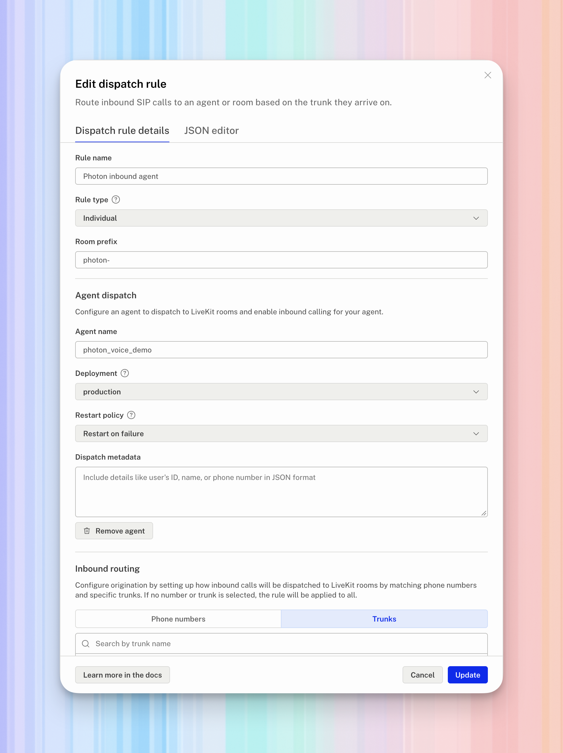 Optional agent dispatch with photon_voice_demo and the production deployment.