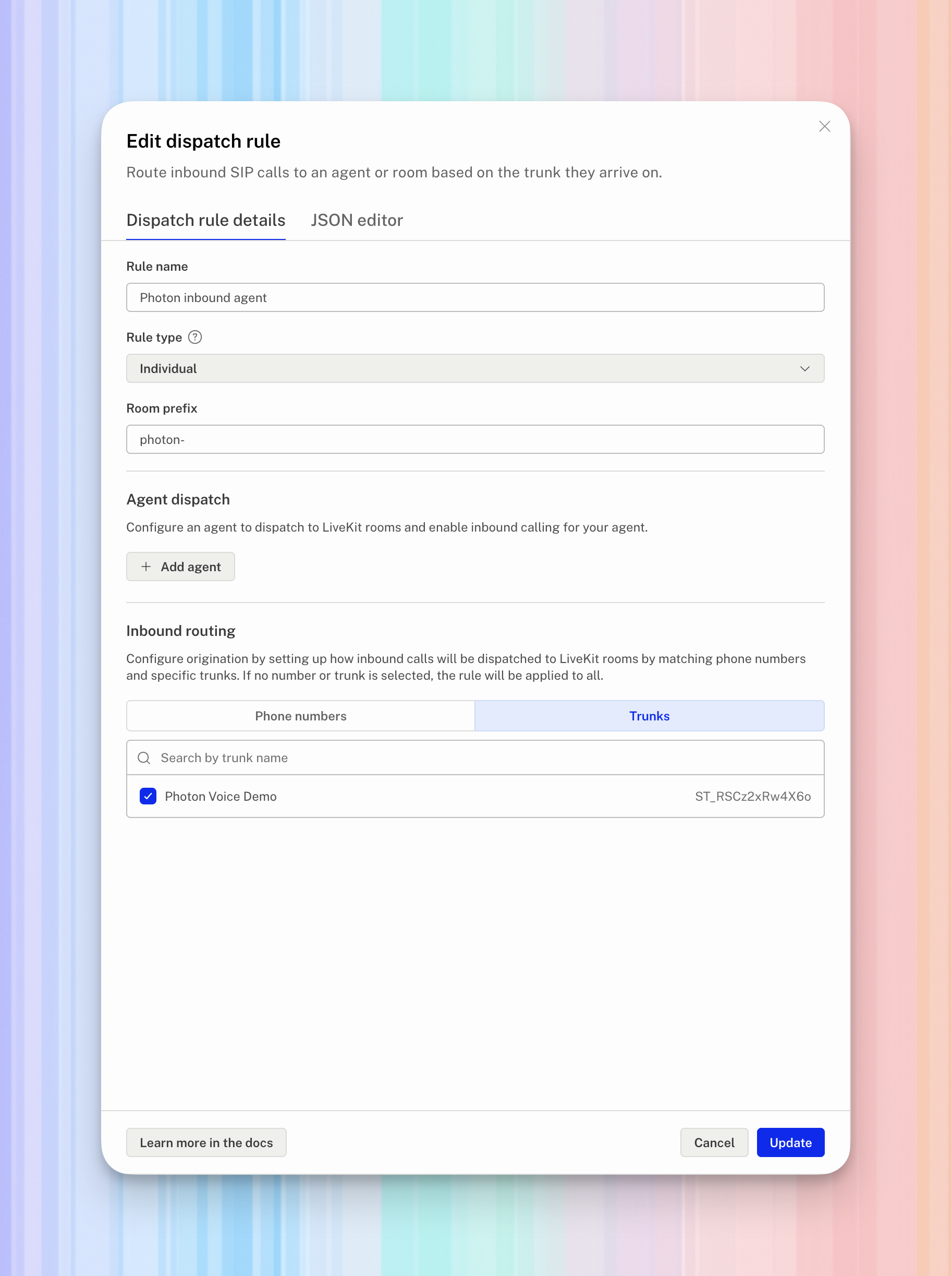 LiveKit Individual dispatch rule with the photon- prefix, no agent added, and the Photon Voice Demo trunk selected.