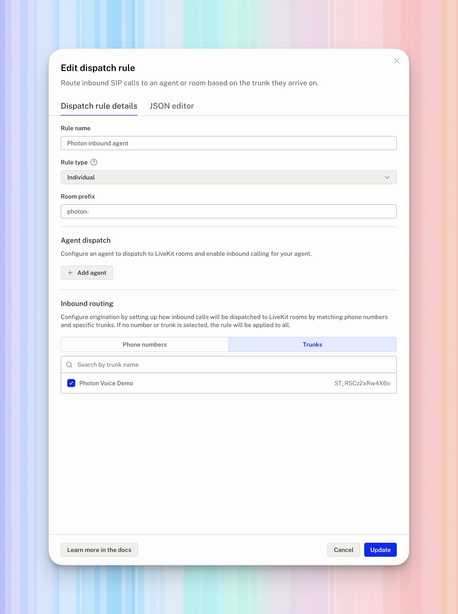 LiveKit Individual dispatch rule with the photon- prefix, no agent added, and the Photon Voice Demo trunk selected.