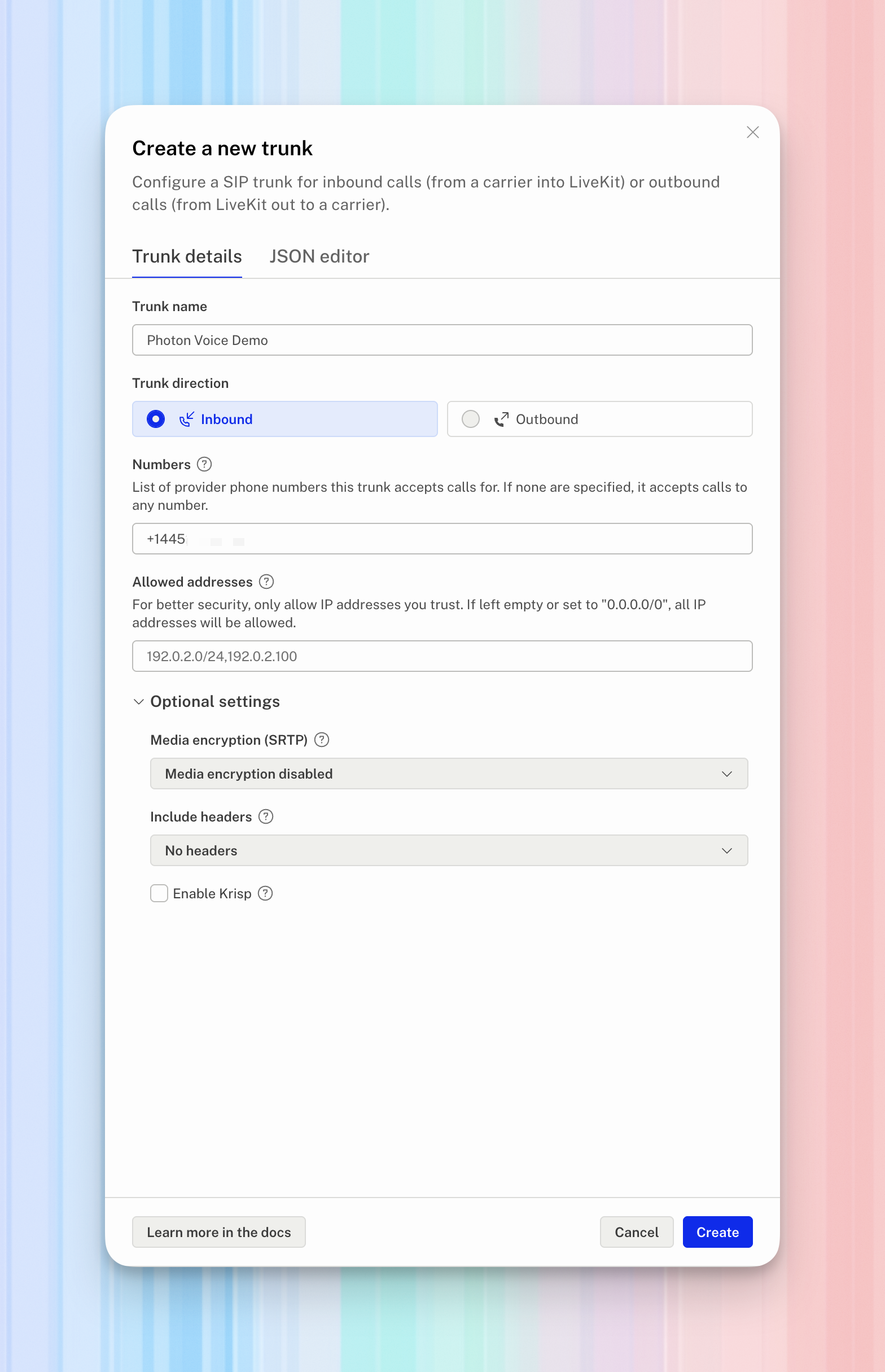 LiveKit inbound trunk form with Photon Voice Demo entered, the number concealed, and Optional settings expanded.