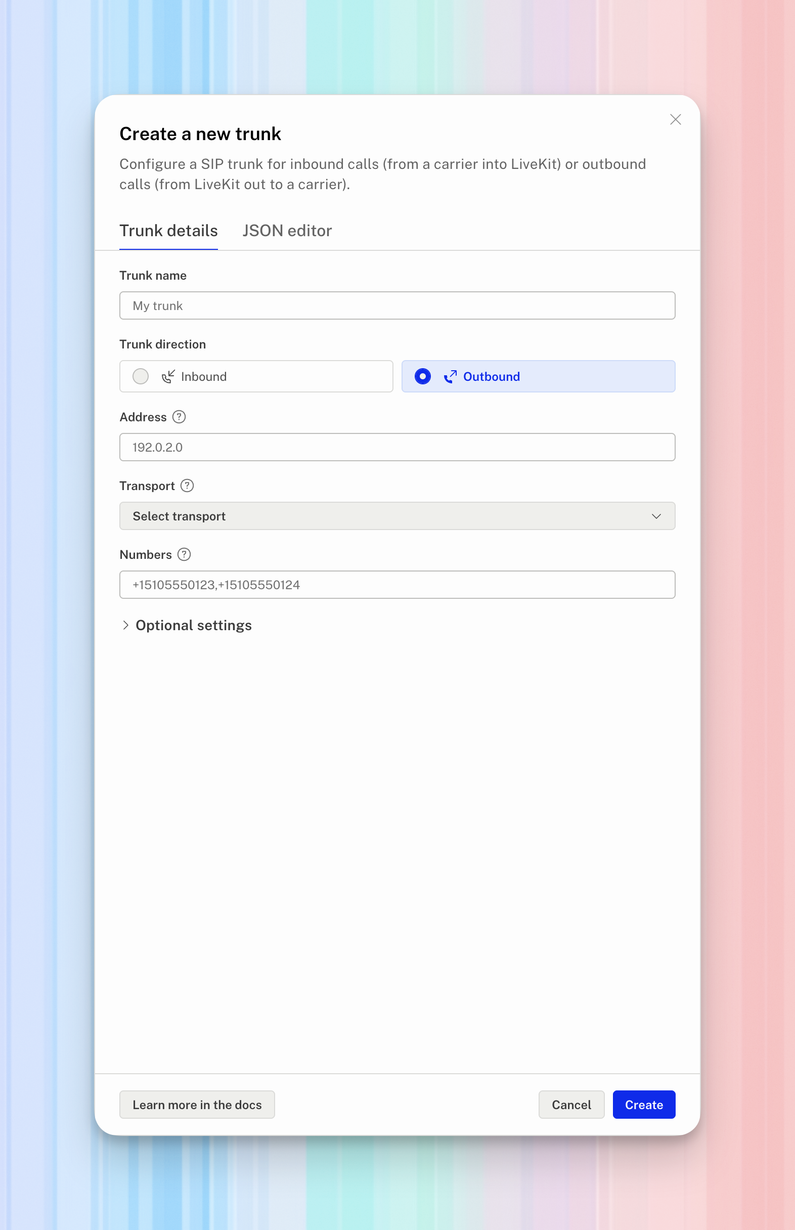 LiveKit outbound trunk form before the address, transport, and numbers are entered.