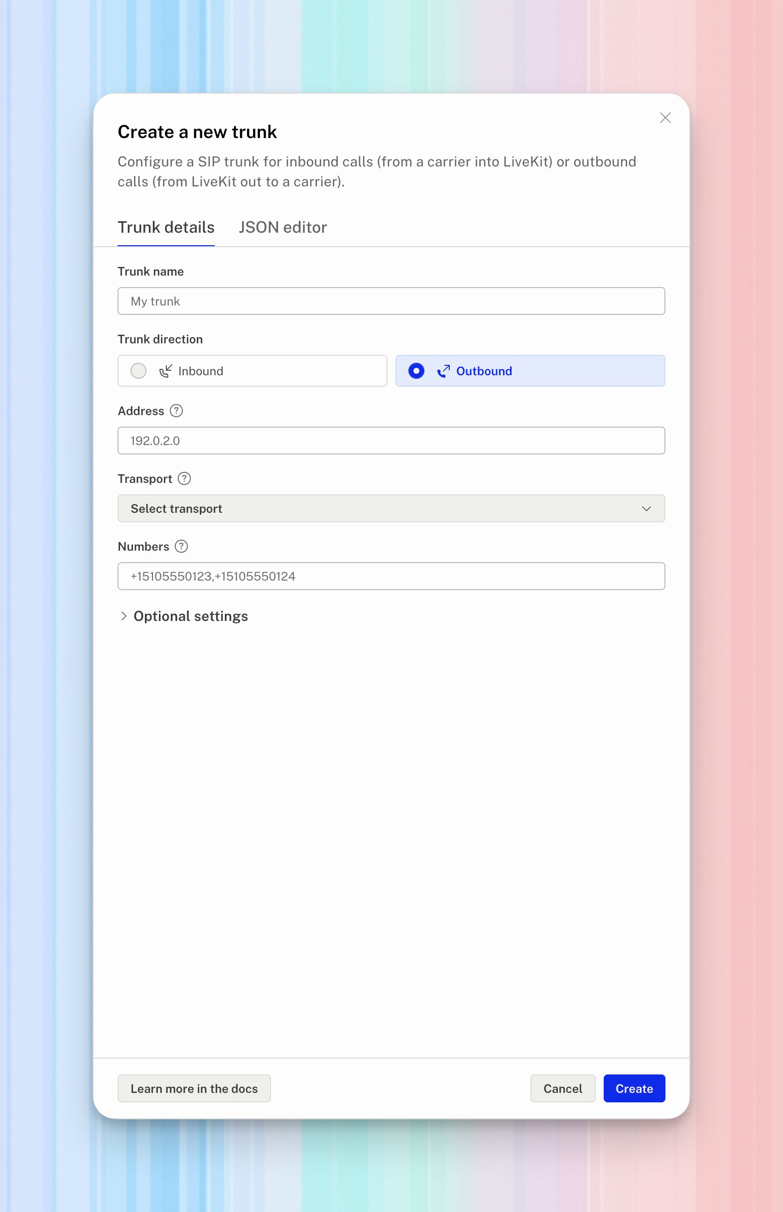 LiveKit outbound trunk form before the address, transport, and numbers are entered.