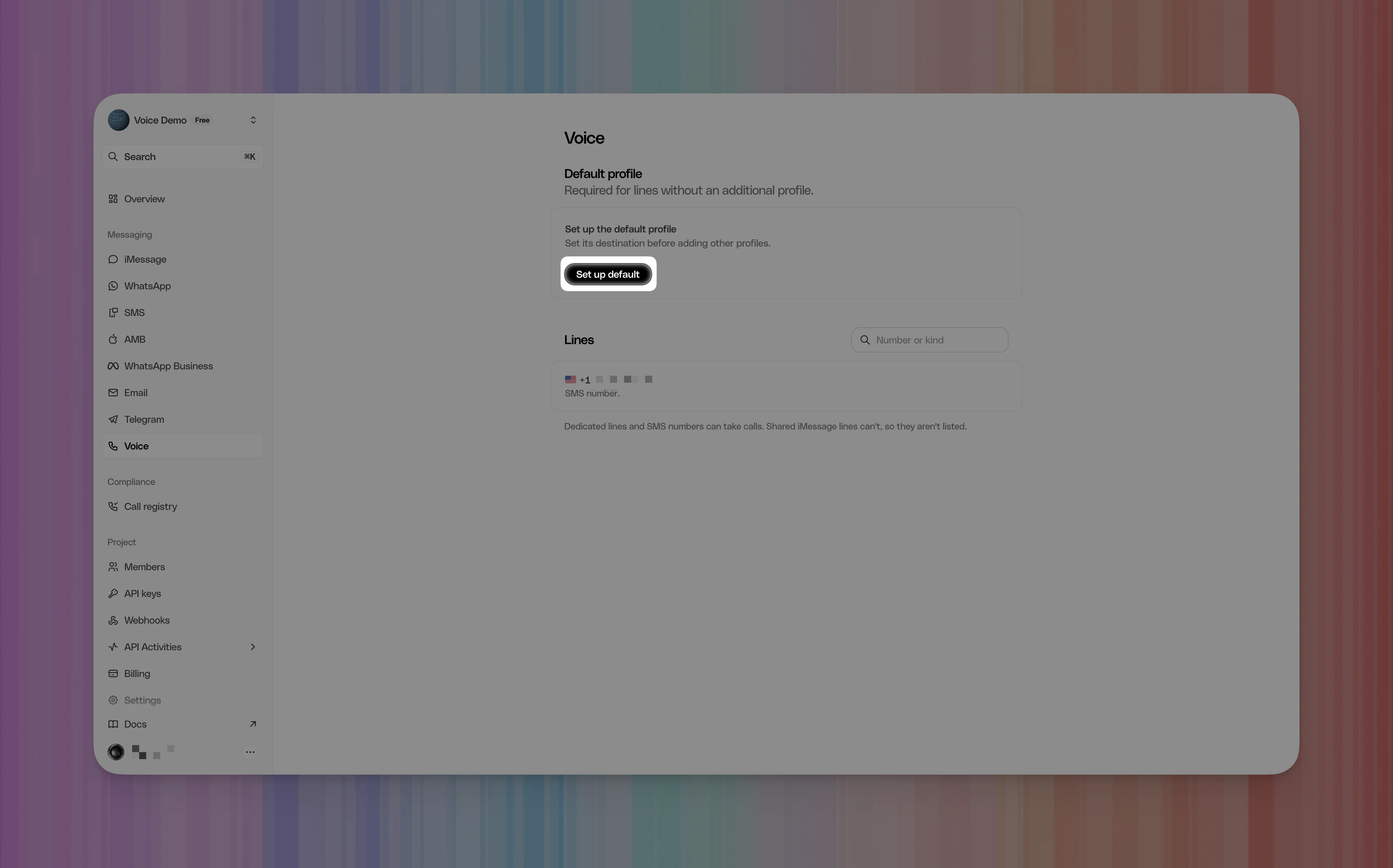 Photon Voice page showing an SMS number under Lines and the Set up default button highlighted.
