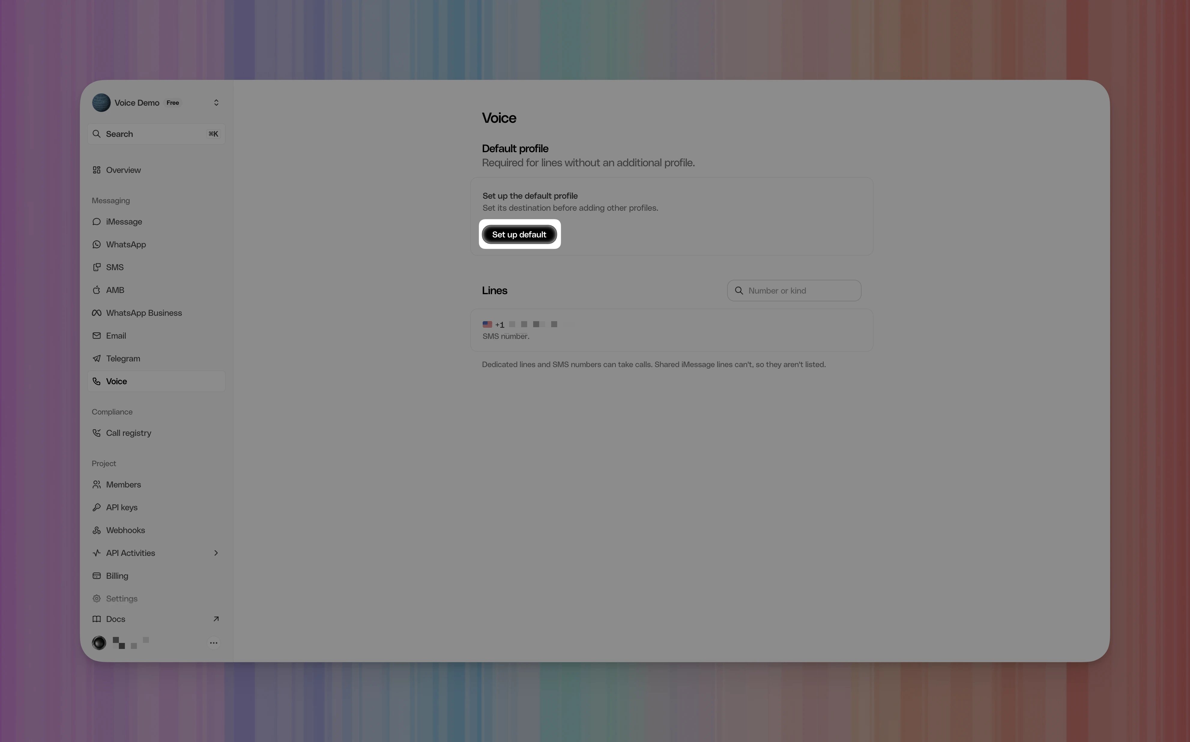 Photon Voice page showing an SMS number under Lines and the Set up default button highlighted.