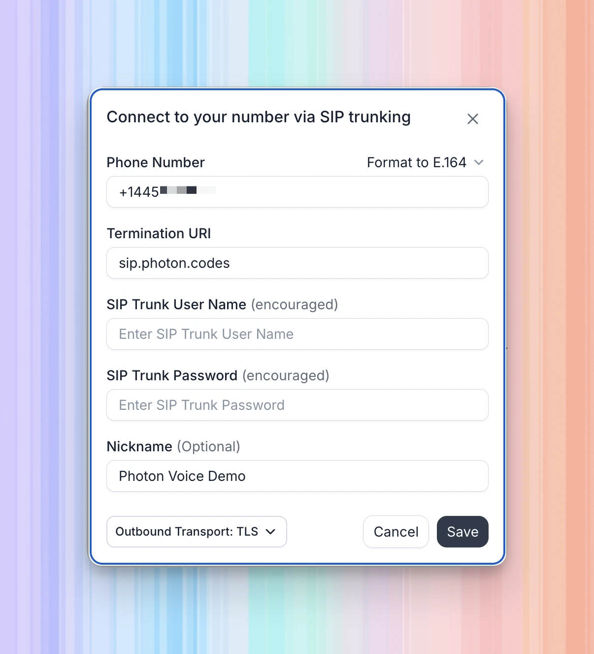 Retell connection form with a concealed Photon number, sip.photon.codes as the termination URI, Photon Voice Demo as the nickname, and TLS selected. The credential fields are empty.