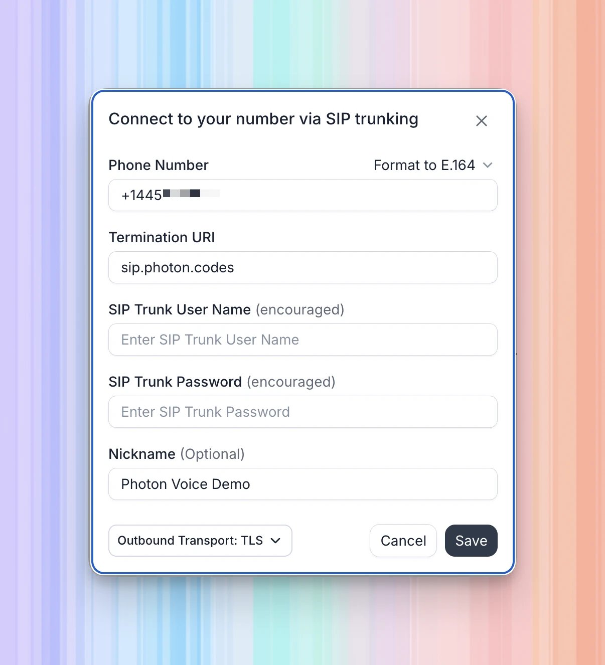 Retell connection form with a concealed Photon number, sip.photon.codes as the termination URI, Photon Voice Demo as the nickname, and TLS selected. The credential fields are empty.