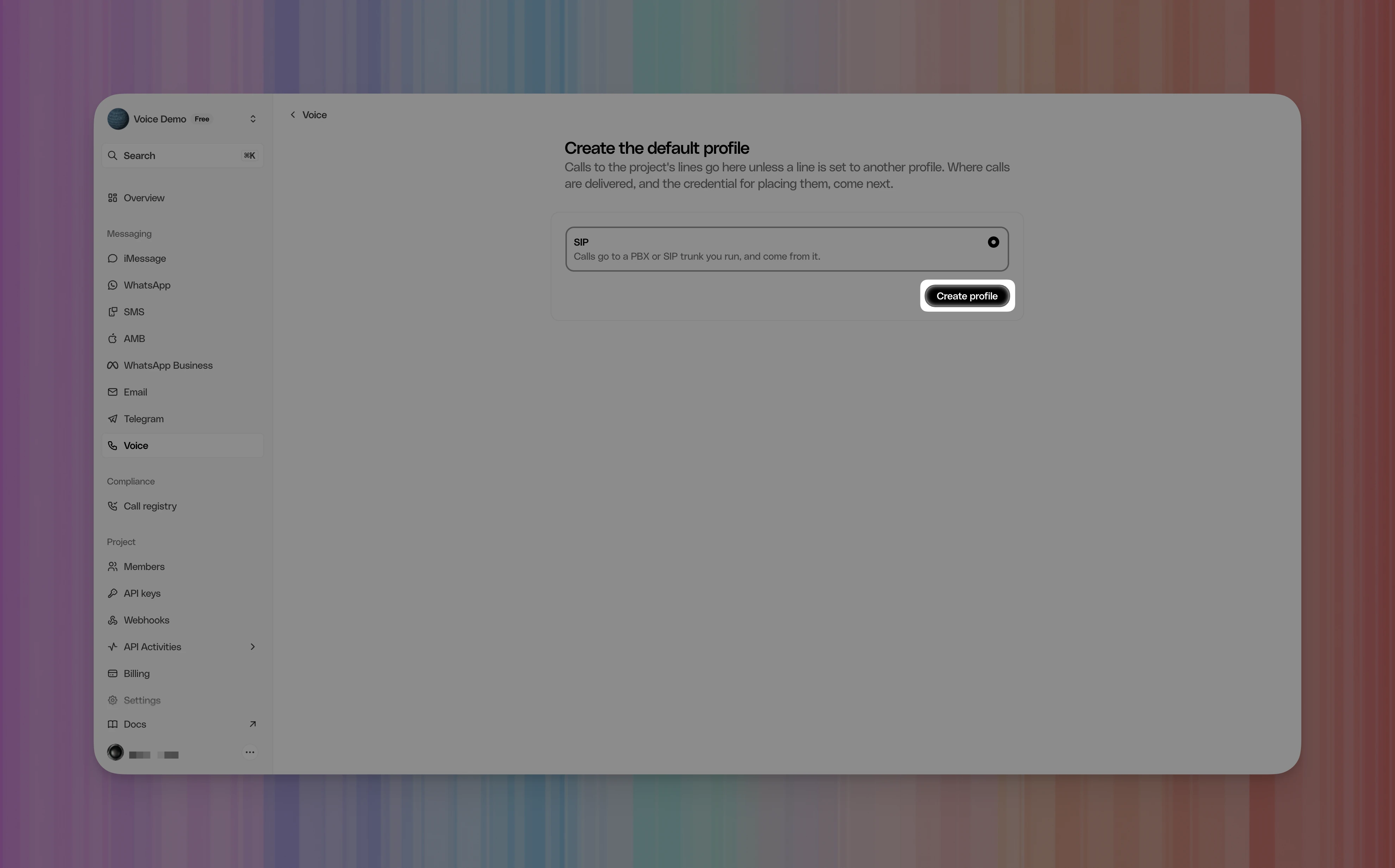 Create the default profile page with SIP selected and the Create profile button highlighted.
