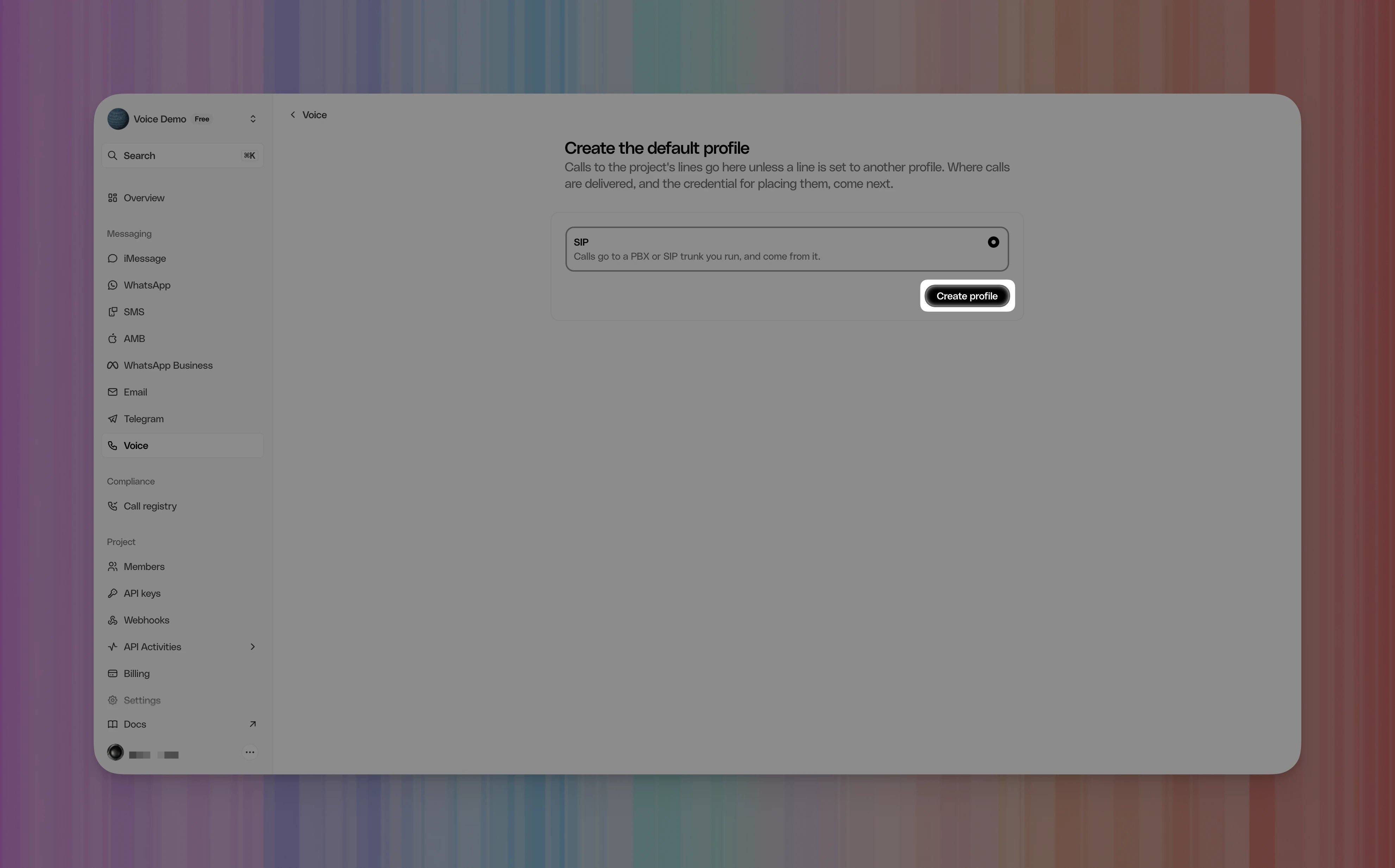 Create the default profile page with SIP selected and the Create profile button highlighted.