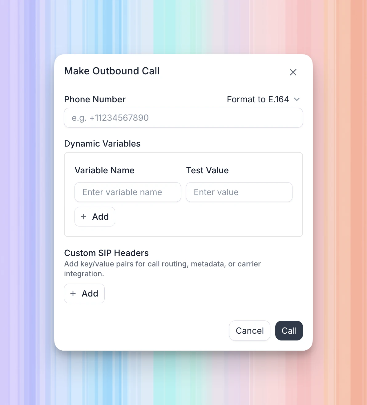Make Outbound Call dialog showing the recipient number, Dynamic Variables, Custom SIP Headers, and Call button.