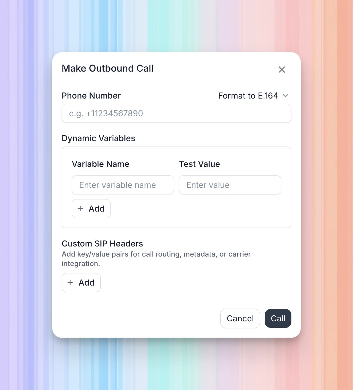 Make Outbound Call dialog showing the recipient number, Dynamic Variables, Custom SIP Headers, and Call button.