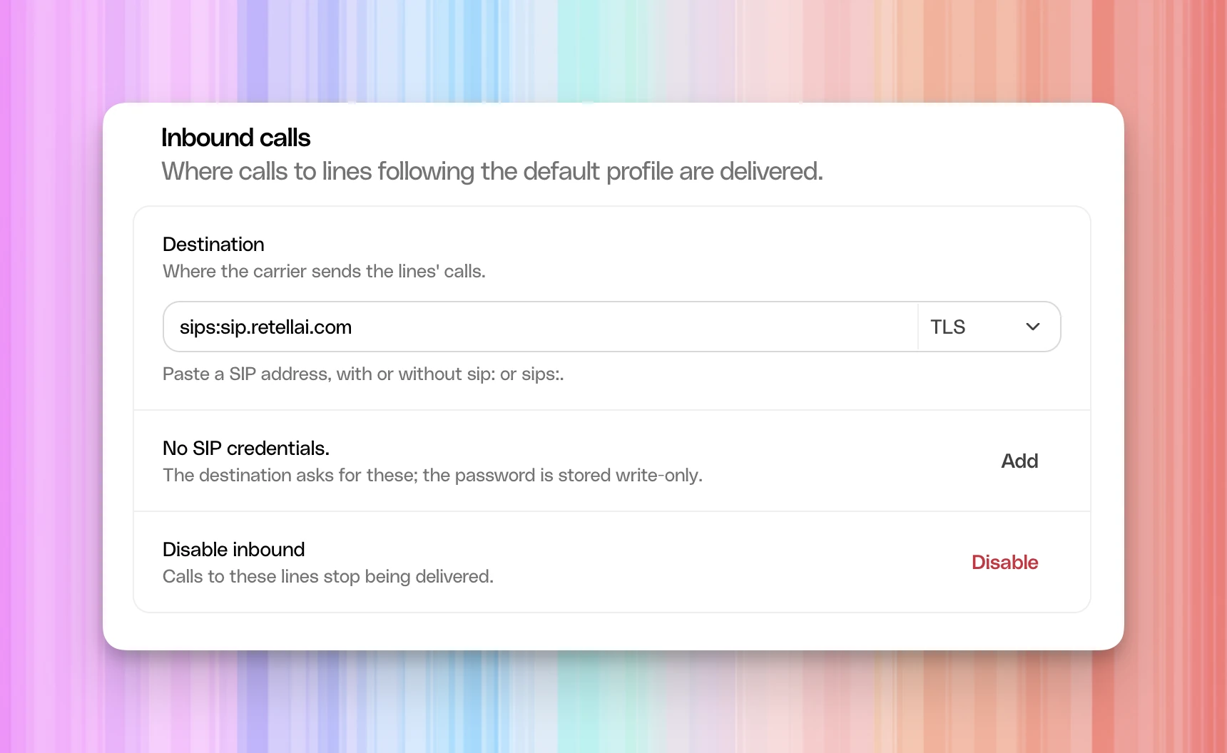 Photon inbound enabled with destination sips:sip.retellai.com, TLS selected, and no SIP credentials.