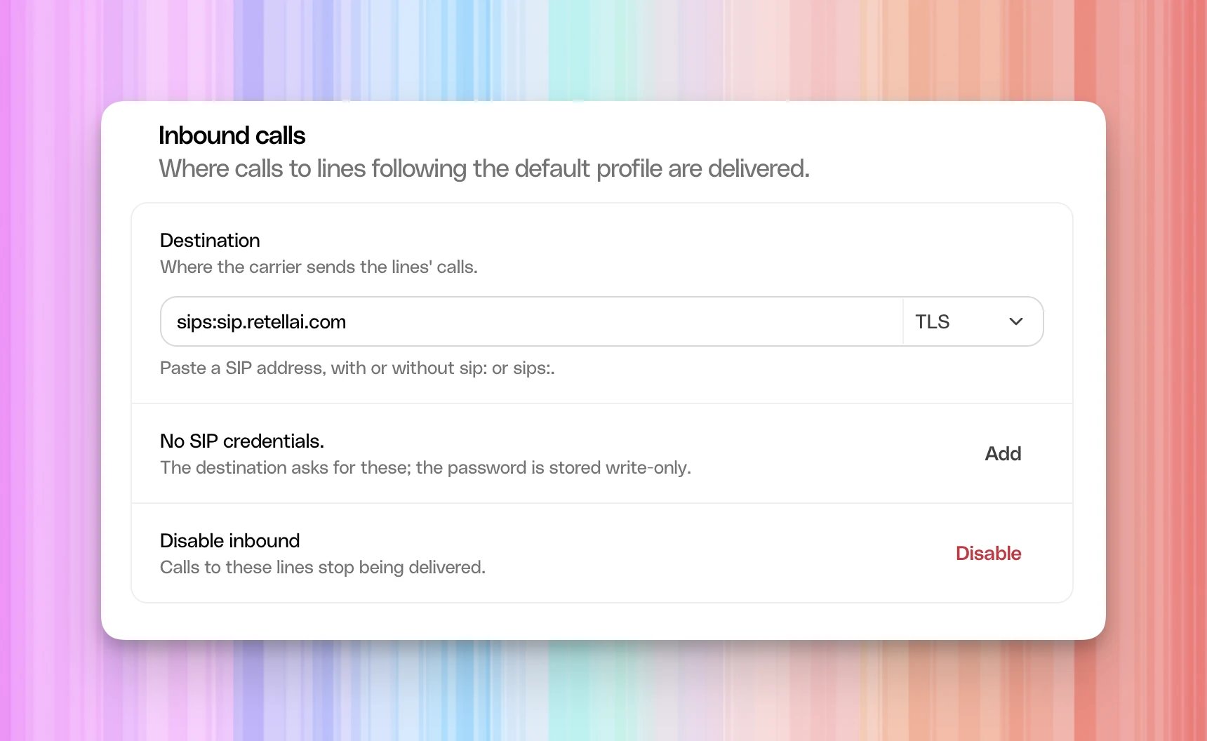 Photon inbound enabled with destination sips:sip.retellai.com, TLS selected, and no SIP credentials.