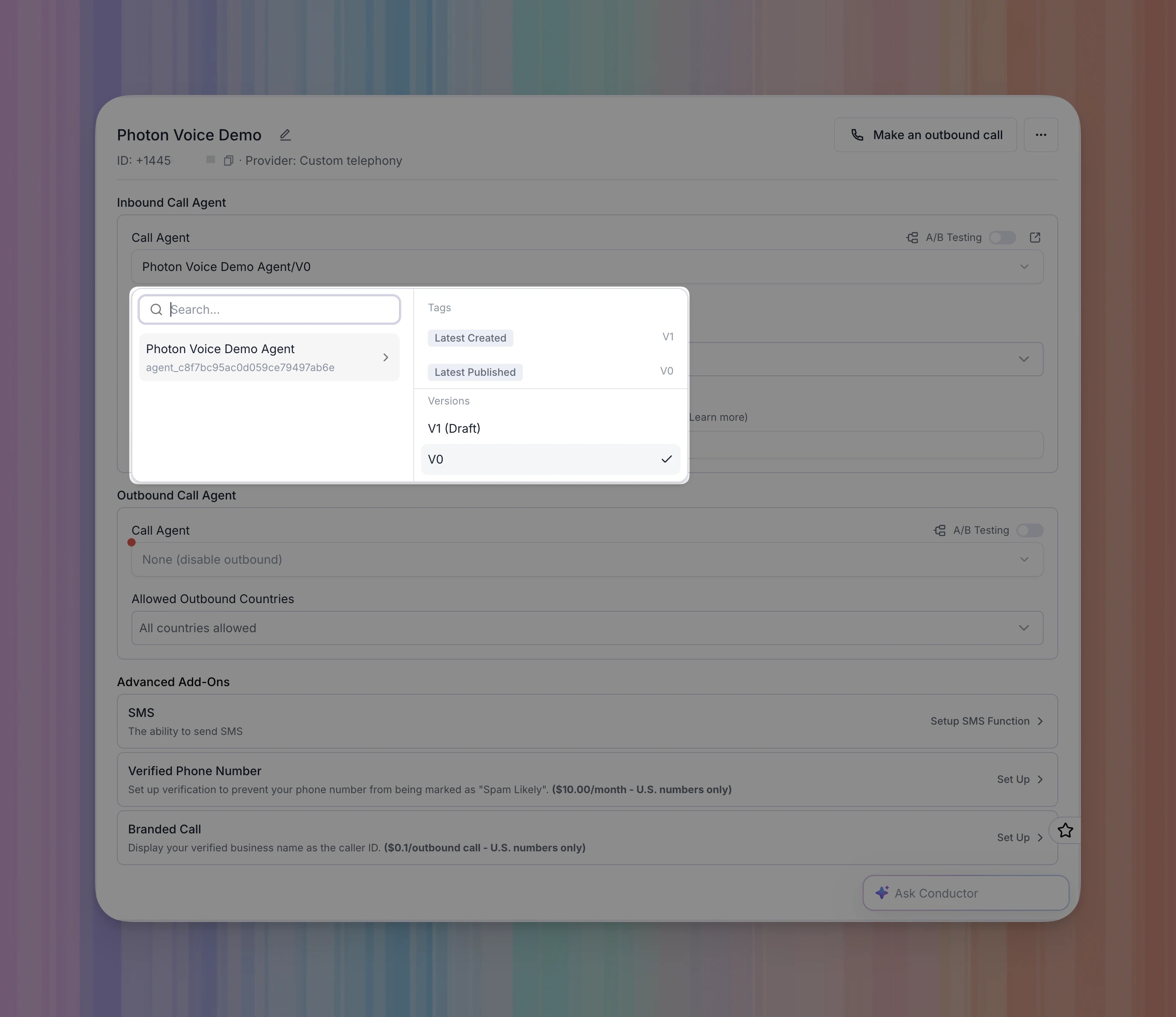 Inbound Call Agent menu showing the Photon Voice Demo Agent and version V0 selected.