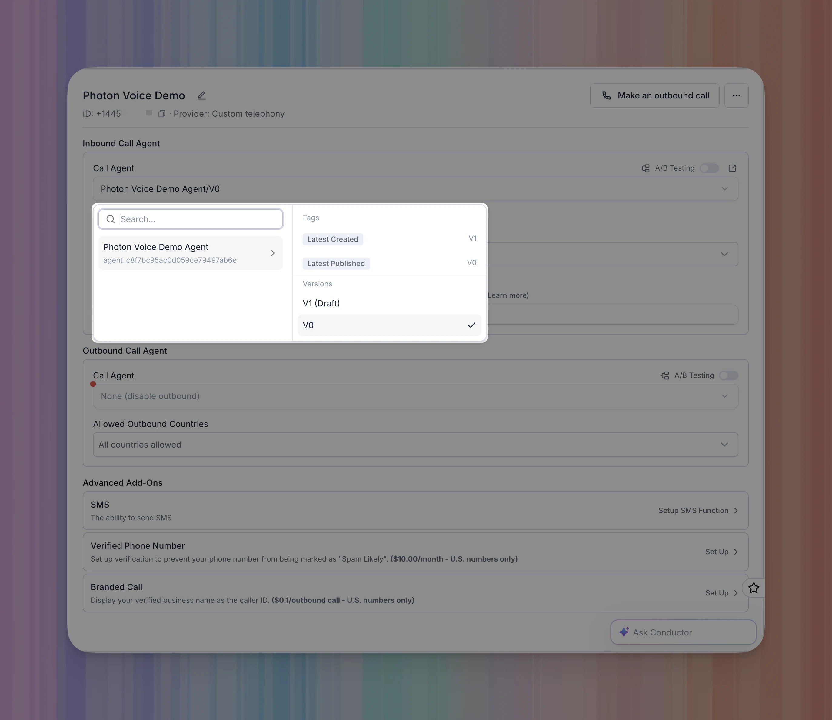 Inbound Call Agent menu showing the Photon Voice Demo Agent and version V0 selected.