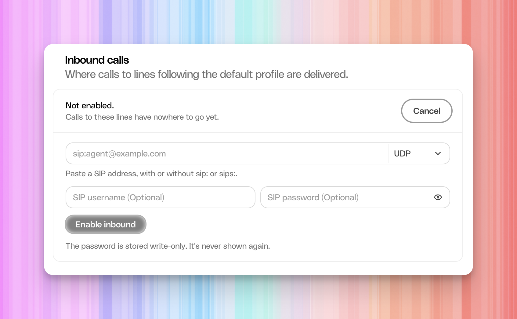 Photon inbound form showing the SIP address, transport, username, and password fields before configuration.
