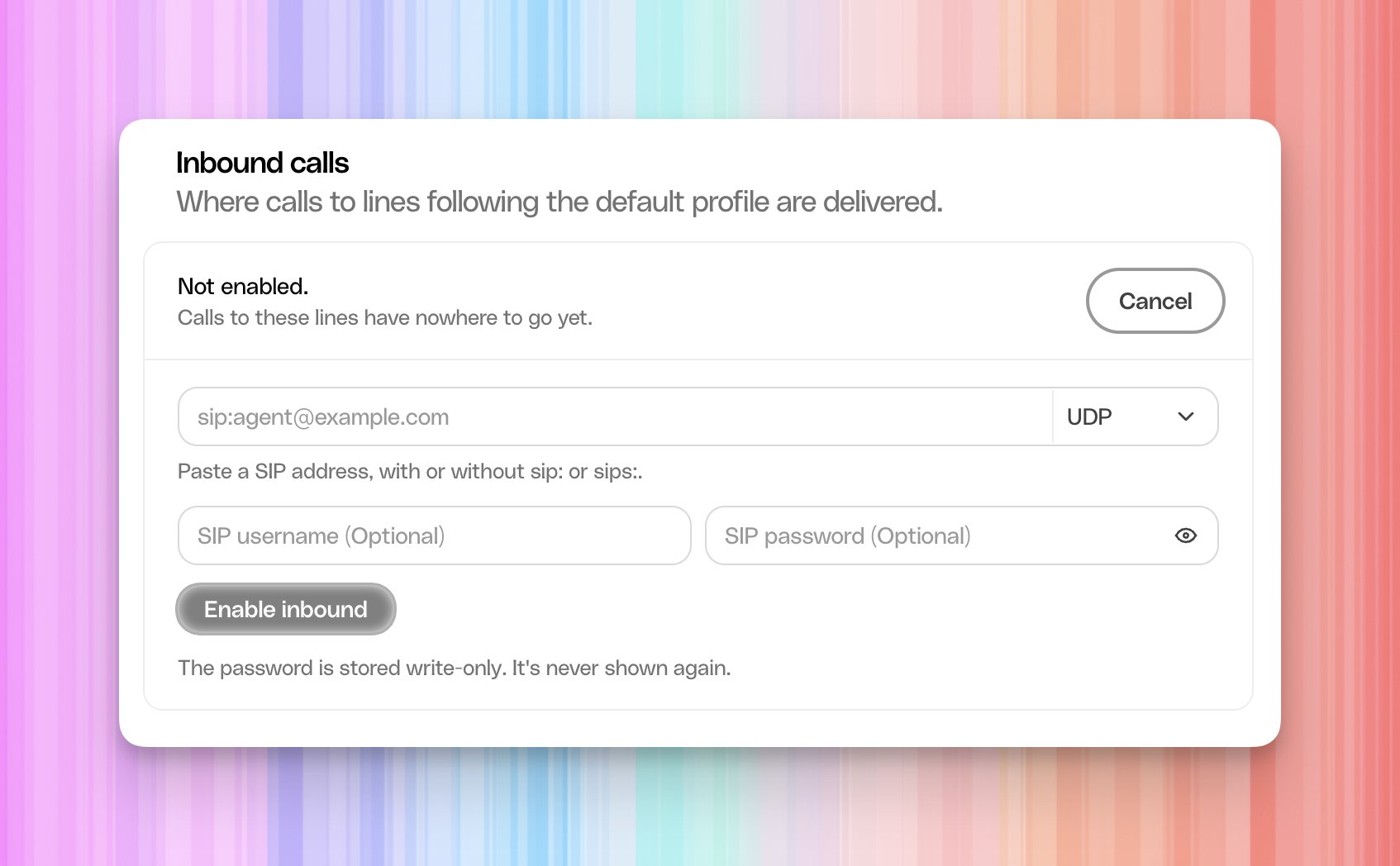 Photon inbound form showing the SIP address, transport selector, and optional authentication fields before configuration.