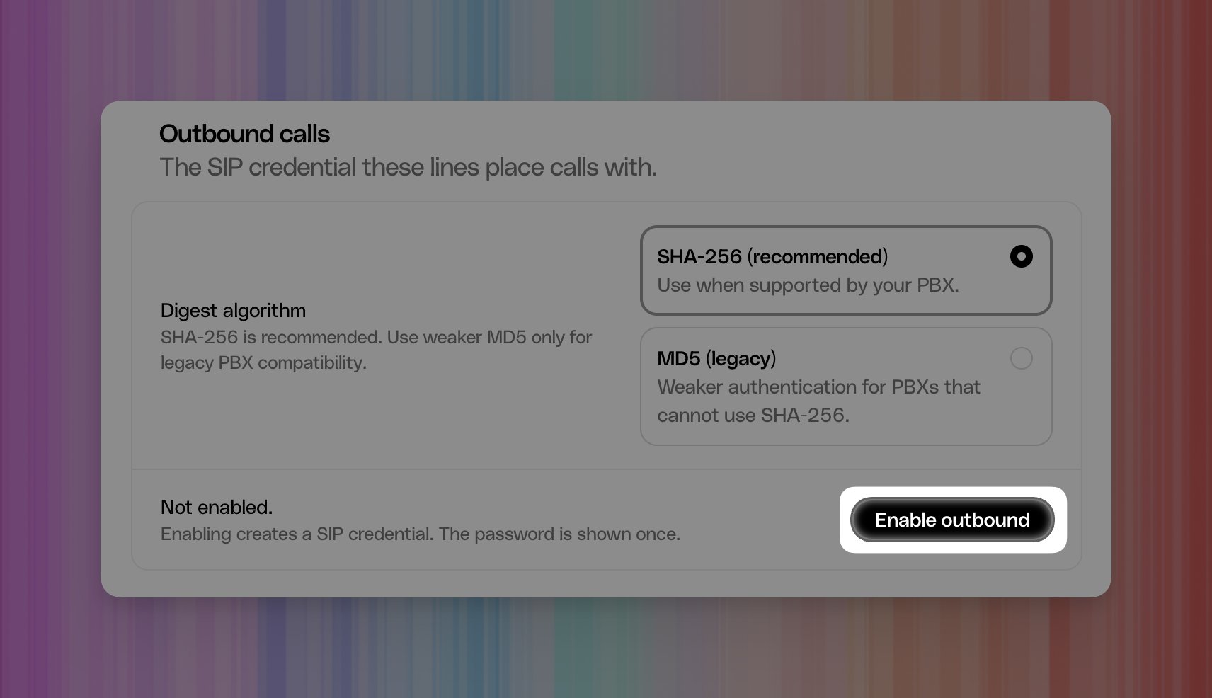Photon Outbound calls section showing the Digest algorithm choices and Enable outbound button.