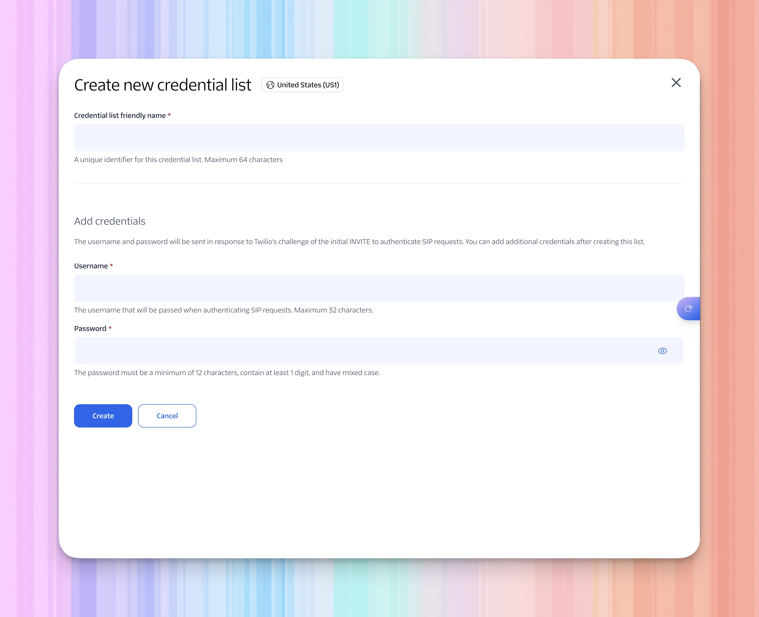 Twilio Create new credential list form with friendly name, username, password, and Create button.