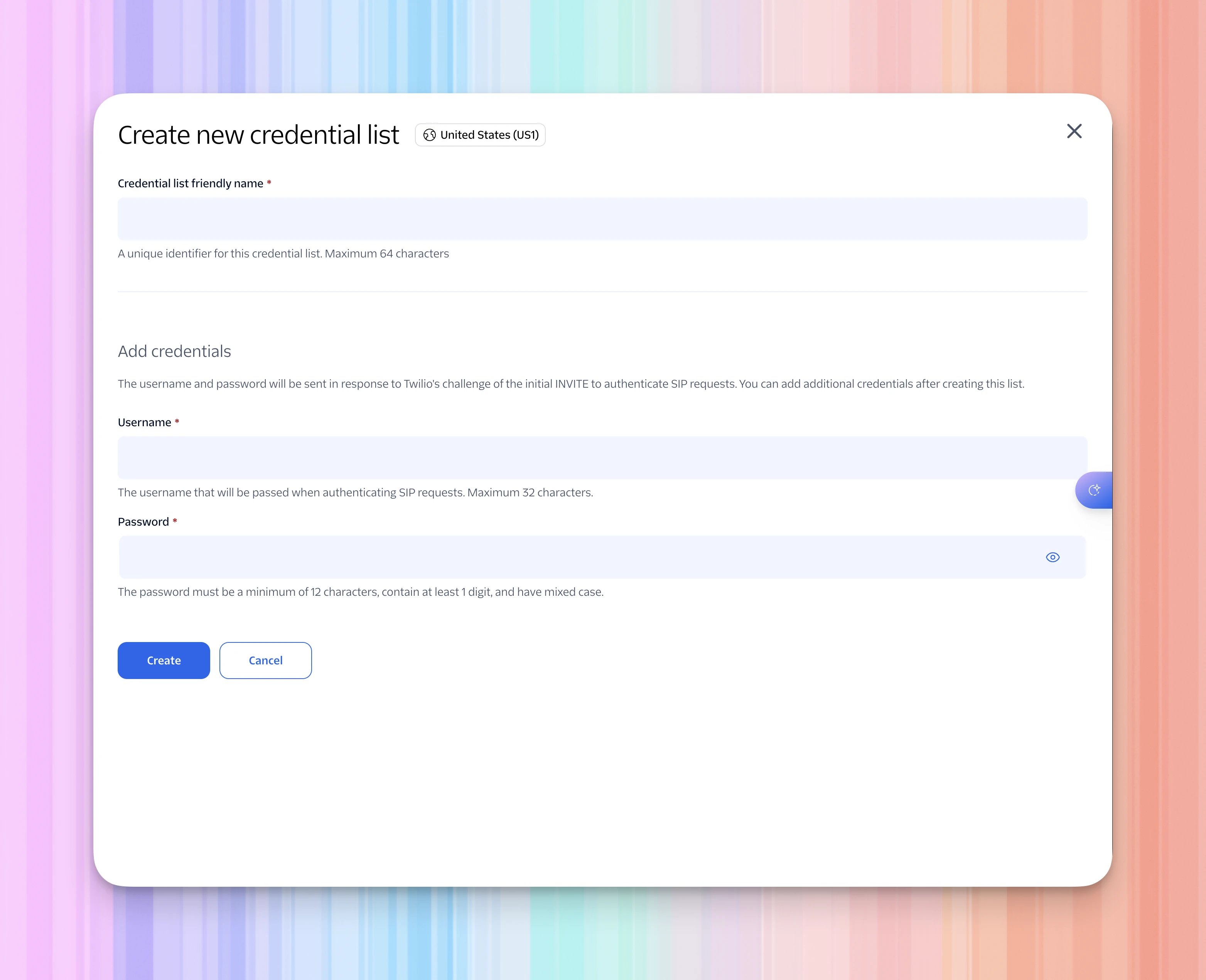 Twilio Create new credential list form with friendly name, username, password, and Create button.