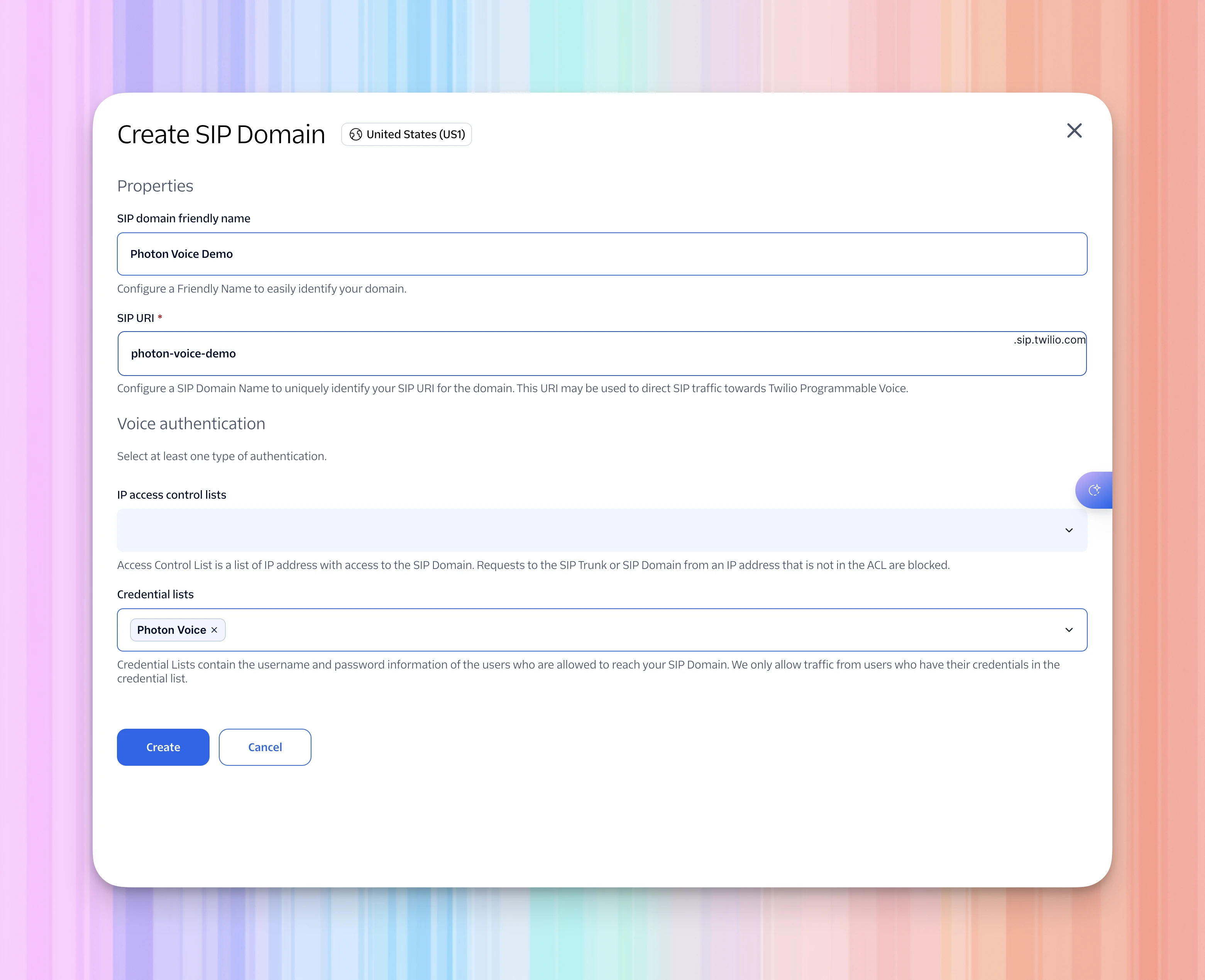 Twilio SIP Domain form filled with Photon Voice Demo, photon-voice-demo, and the Photon Voice credential list, with IP access control lists unselected.