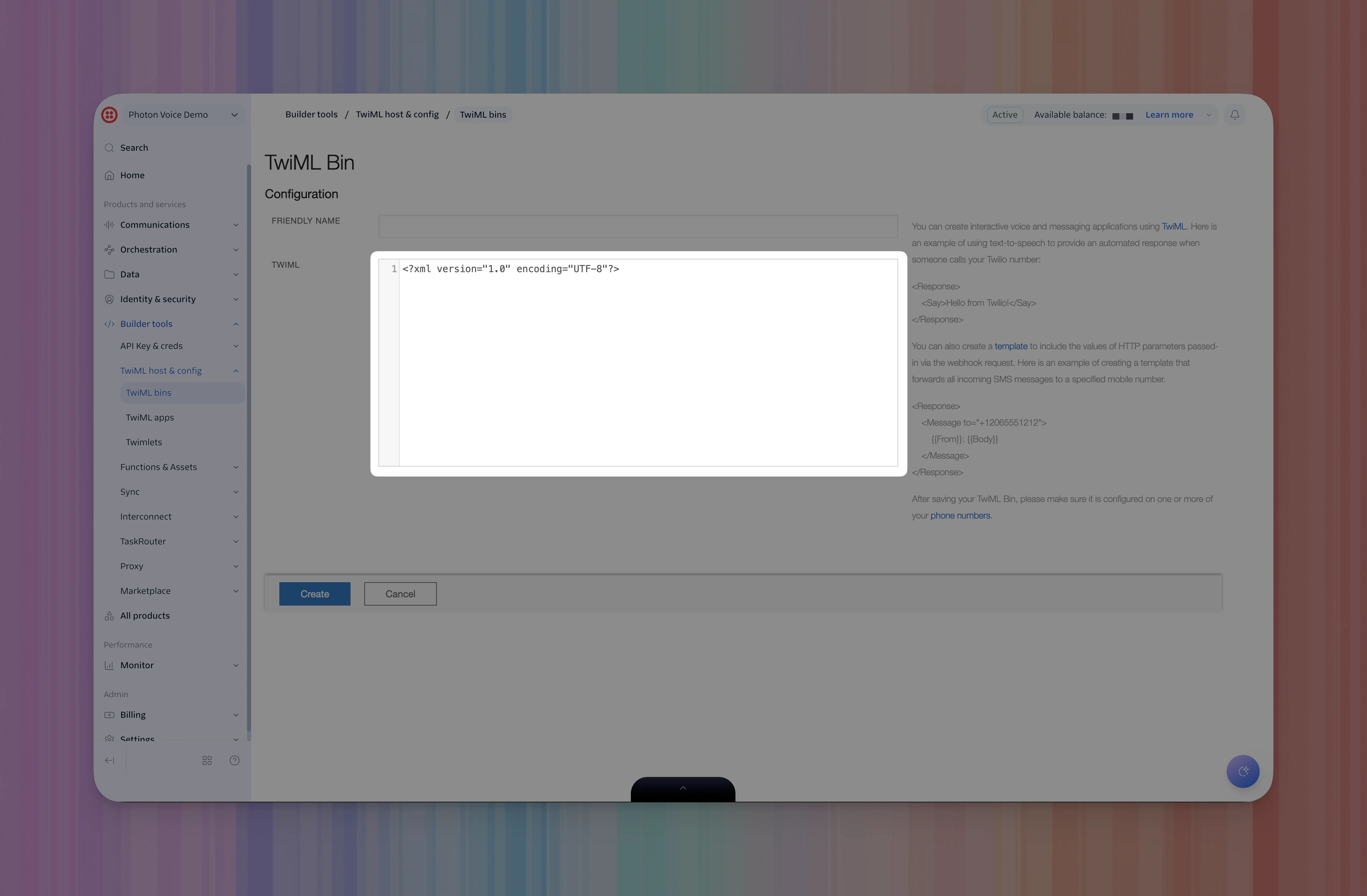 Twilio TwiML Bin creation page with the TwiML editor highlighted and the Friendly Name field and Create button visible.