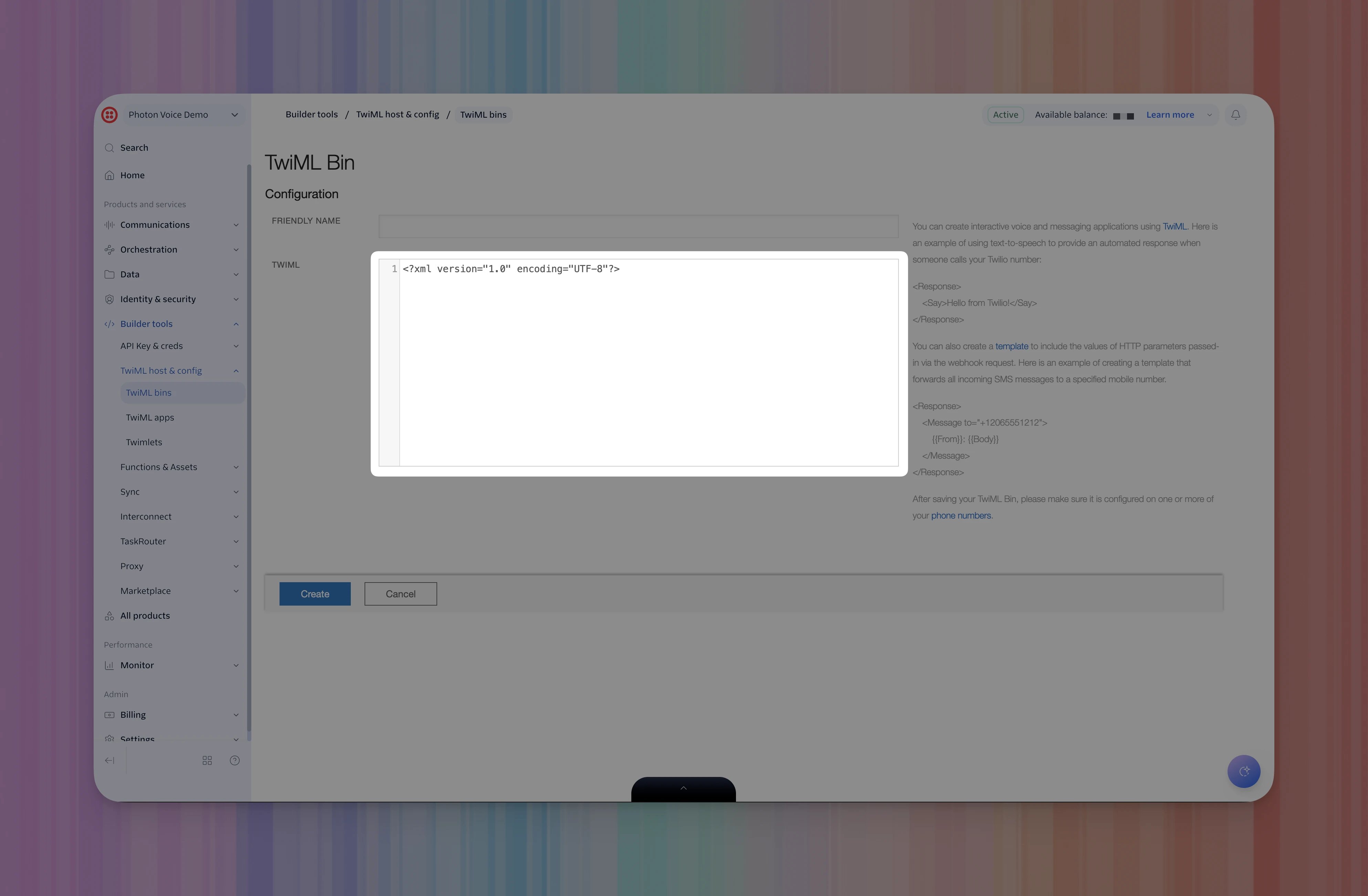 Twilio TwiML Bin creation page with the TwiML editor highlighted and the Friendly Name field and Create button visible.