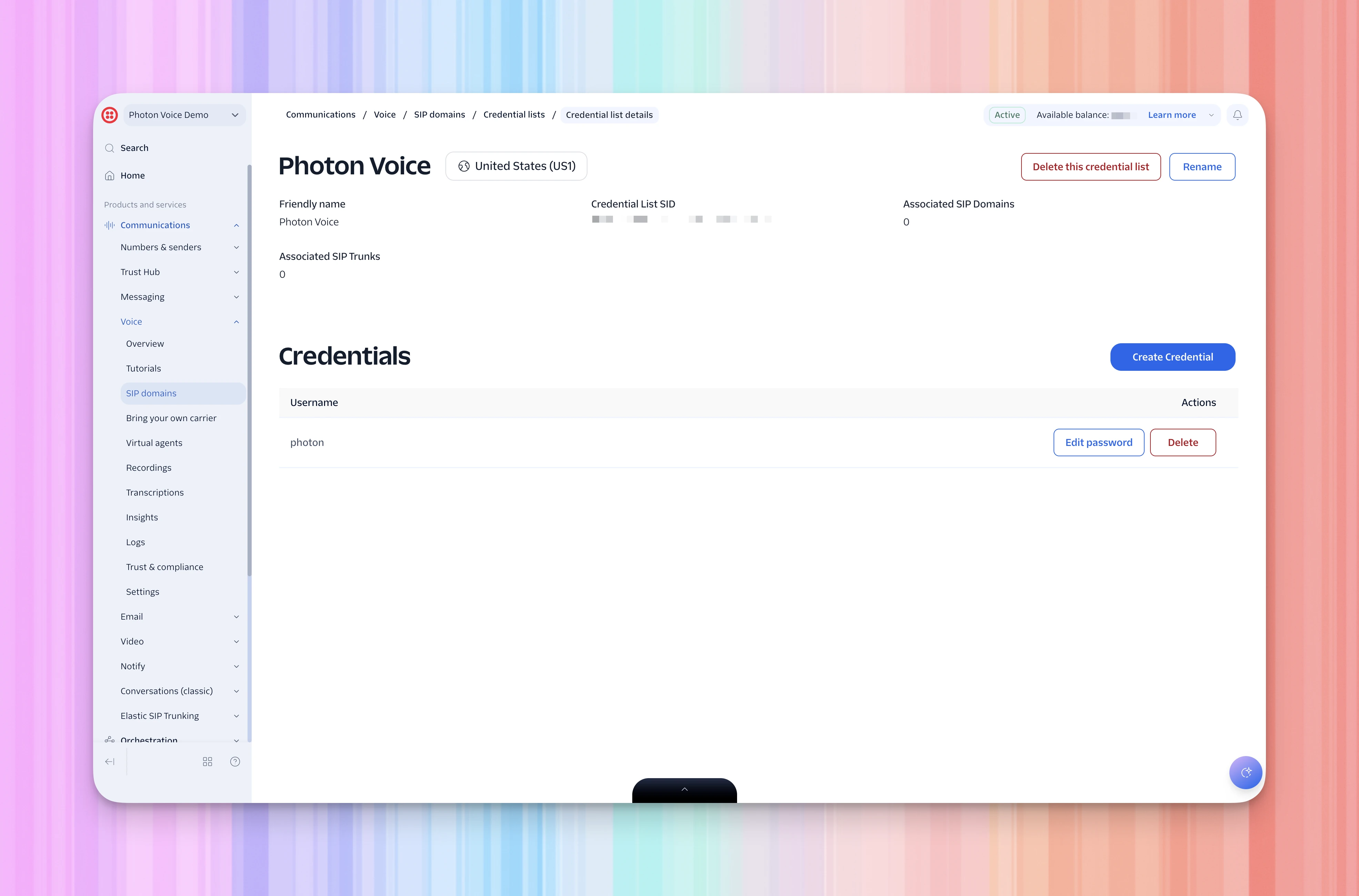 Twilio Photon Voice credential list showing photon under Username.
