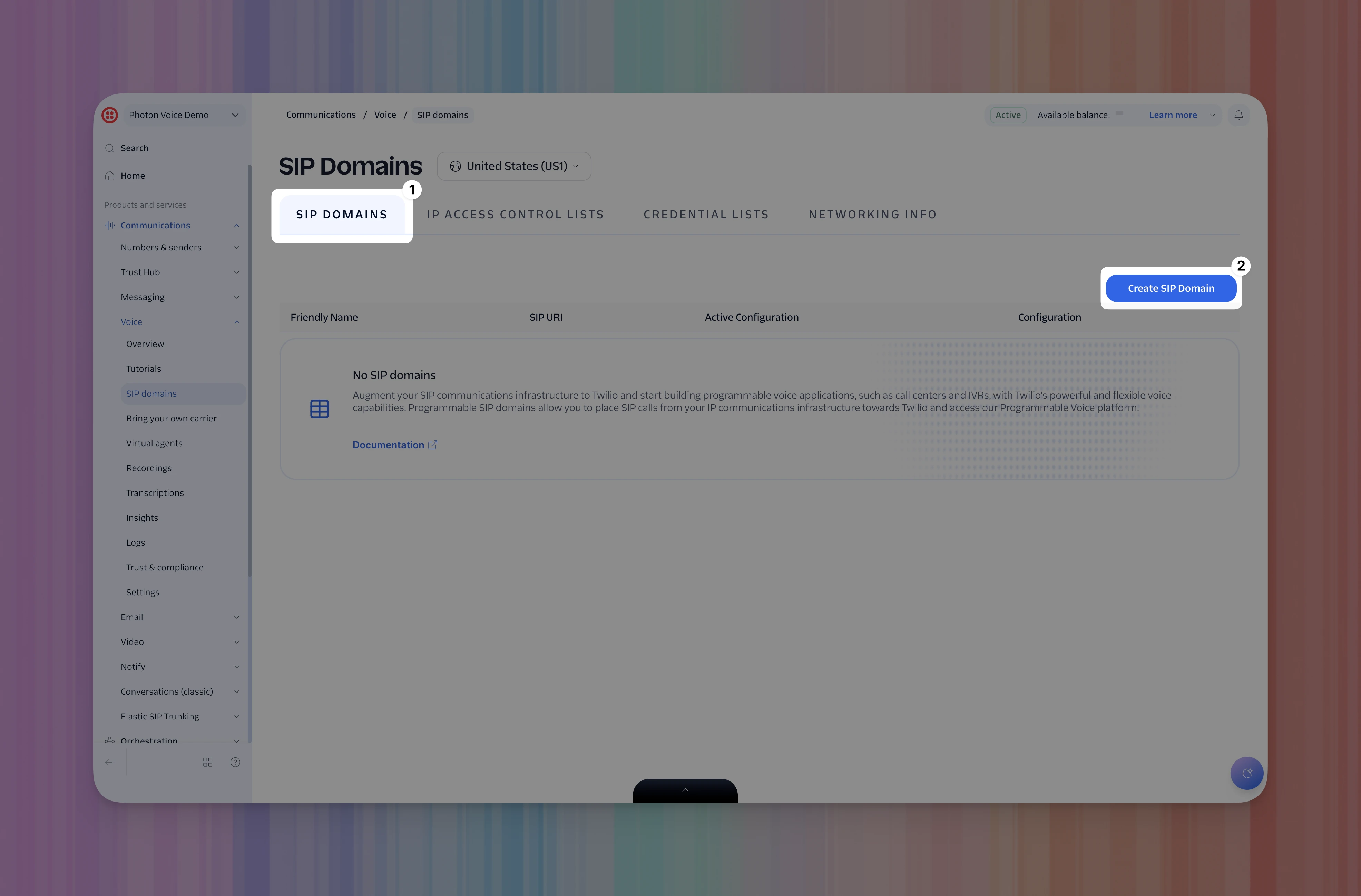Twilio SIP Domains tab and Create SIP Domain button highlighted in order.