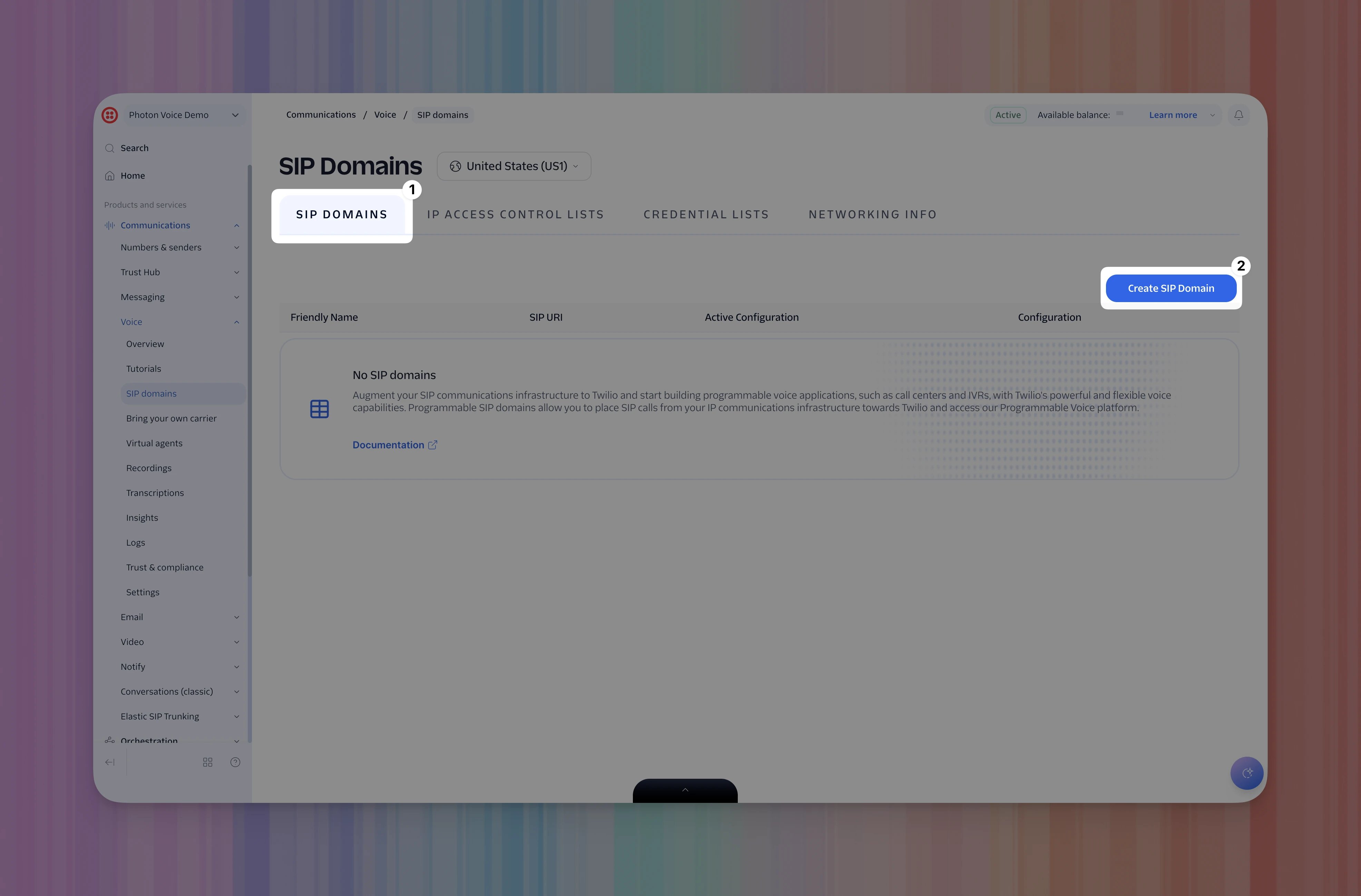 Twilio SIP Domains tab and Create SIP Domain button highlighted in order.
