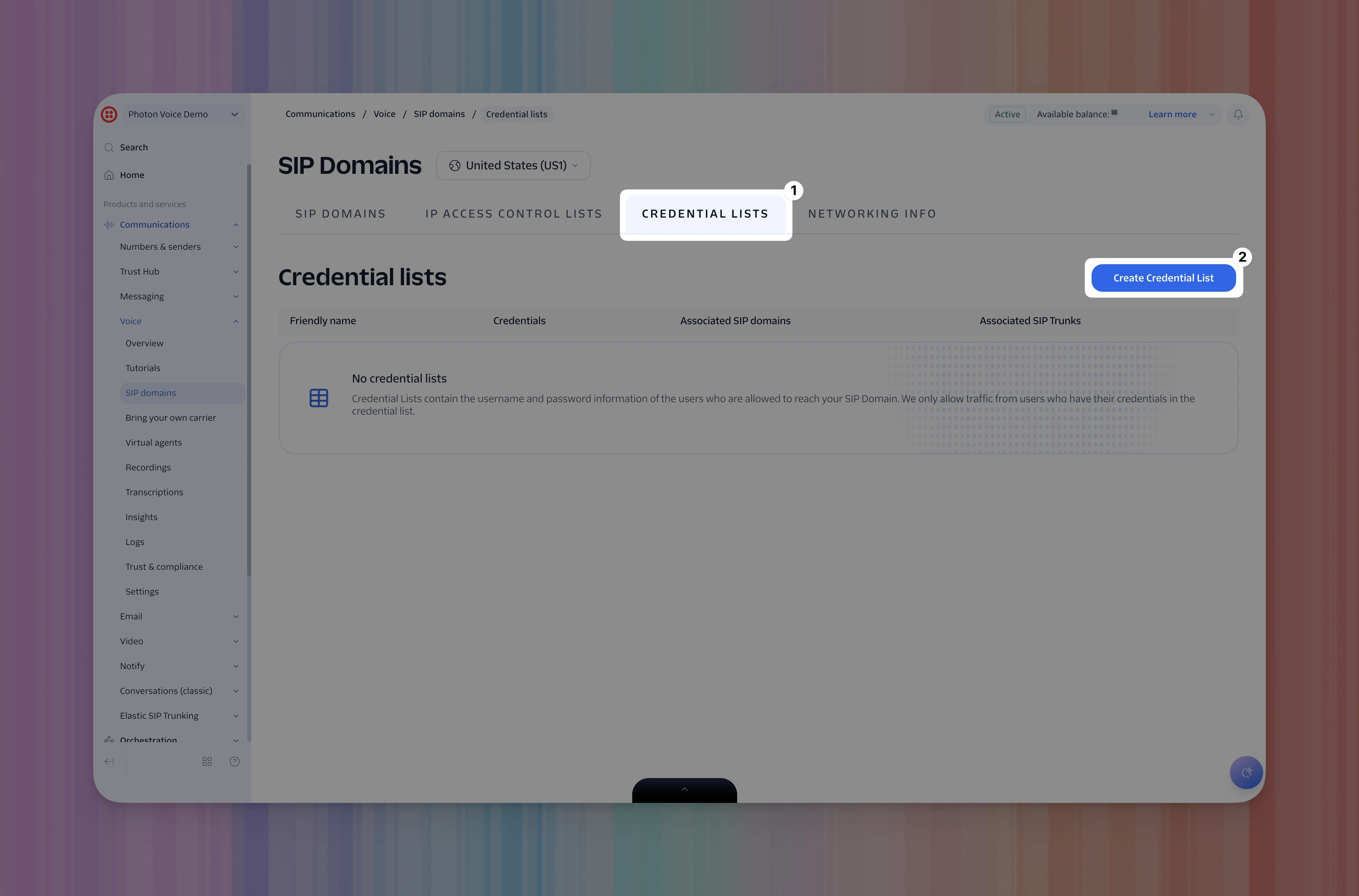 Twilio Credential Lists tab and Create Credential List button highlighted in order.