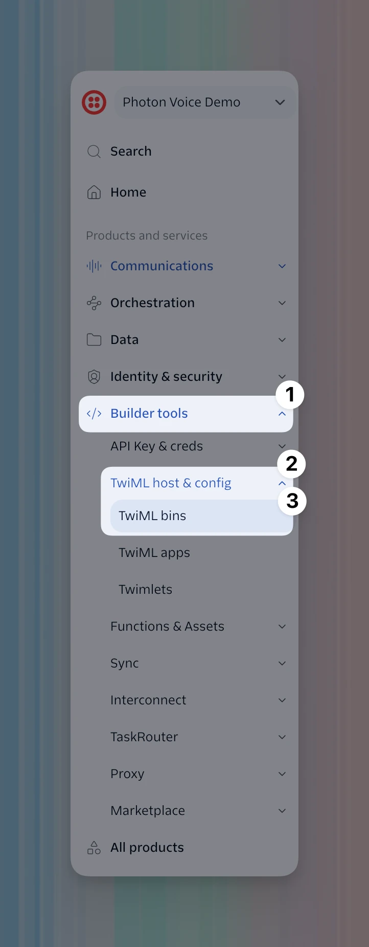 Twilio sidebar with Builder tools, TwiML host & config, and TwiML bins highlighted in order.