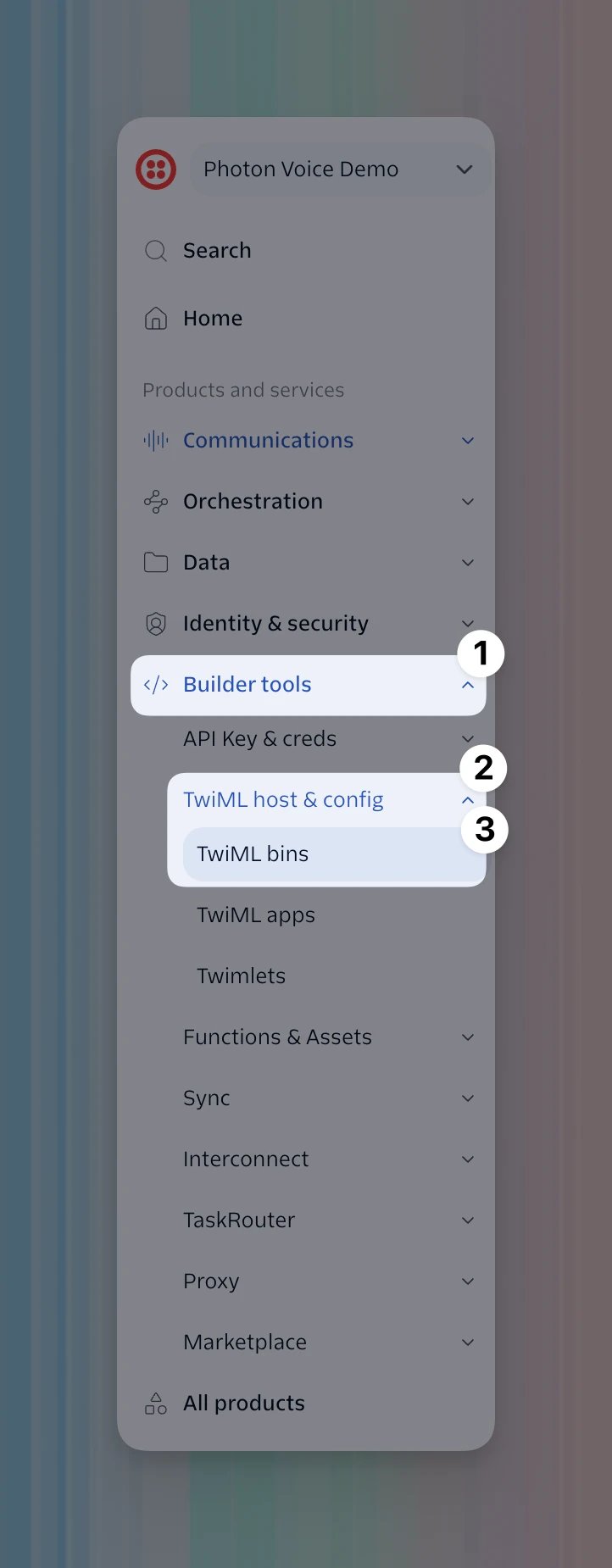 Twilio sidebar with Builder tools, TwiML host & config, and TwiML bins highlighted in order.