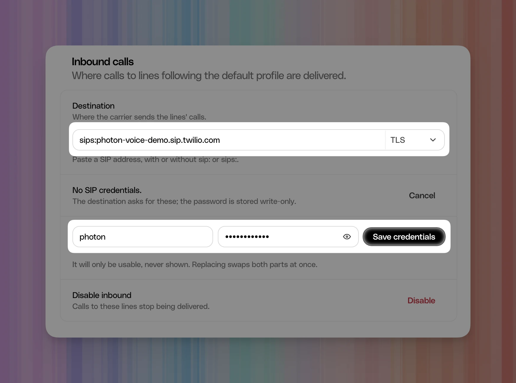Photon inbound settings with the Twilio destination and TLS selector highlighted, along with username photon, a masked password, and Save credentials.