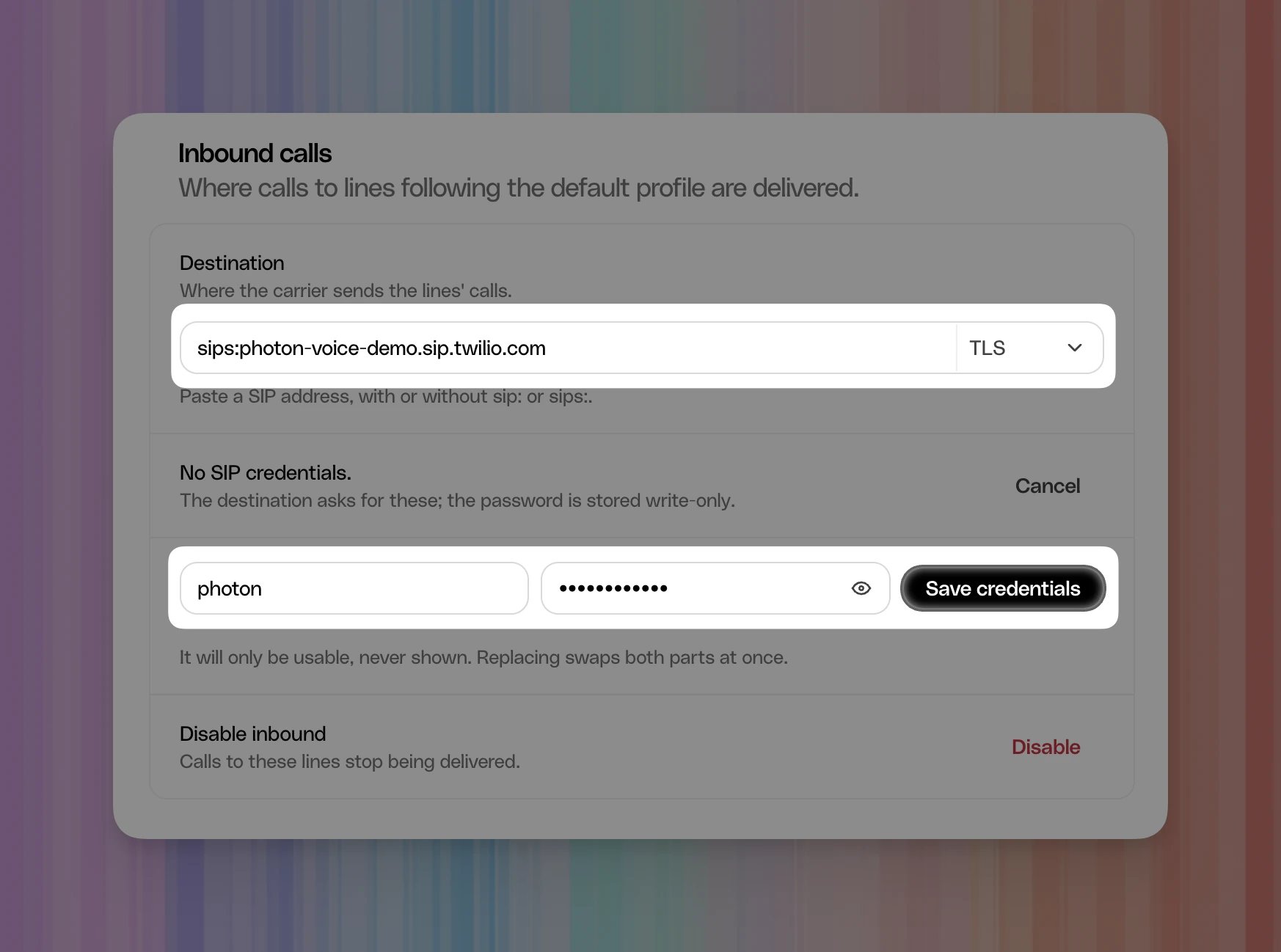 Photon inbound settings with the Twilio destination and TLS selector highlighted, along with username photon, a masked password, and Save credentials.