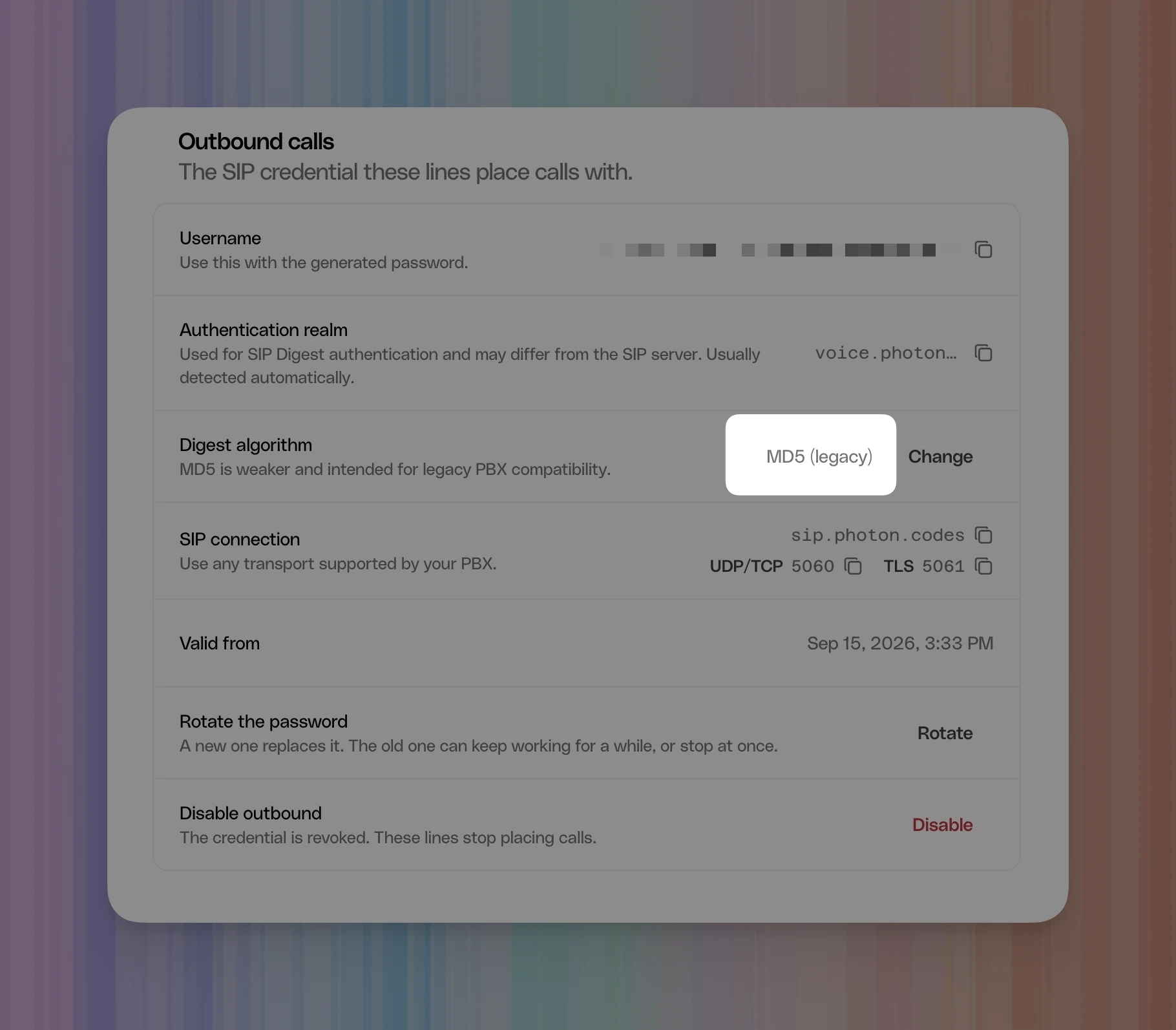 Photon Outbound calls settings with MD5 (legacy) highlighted under Digest algorithm.