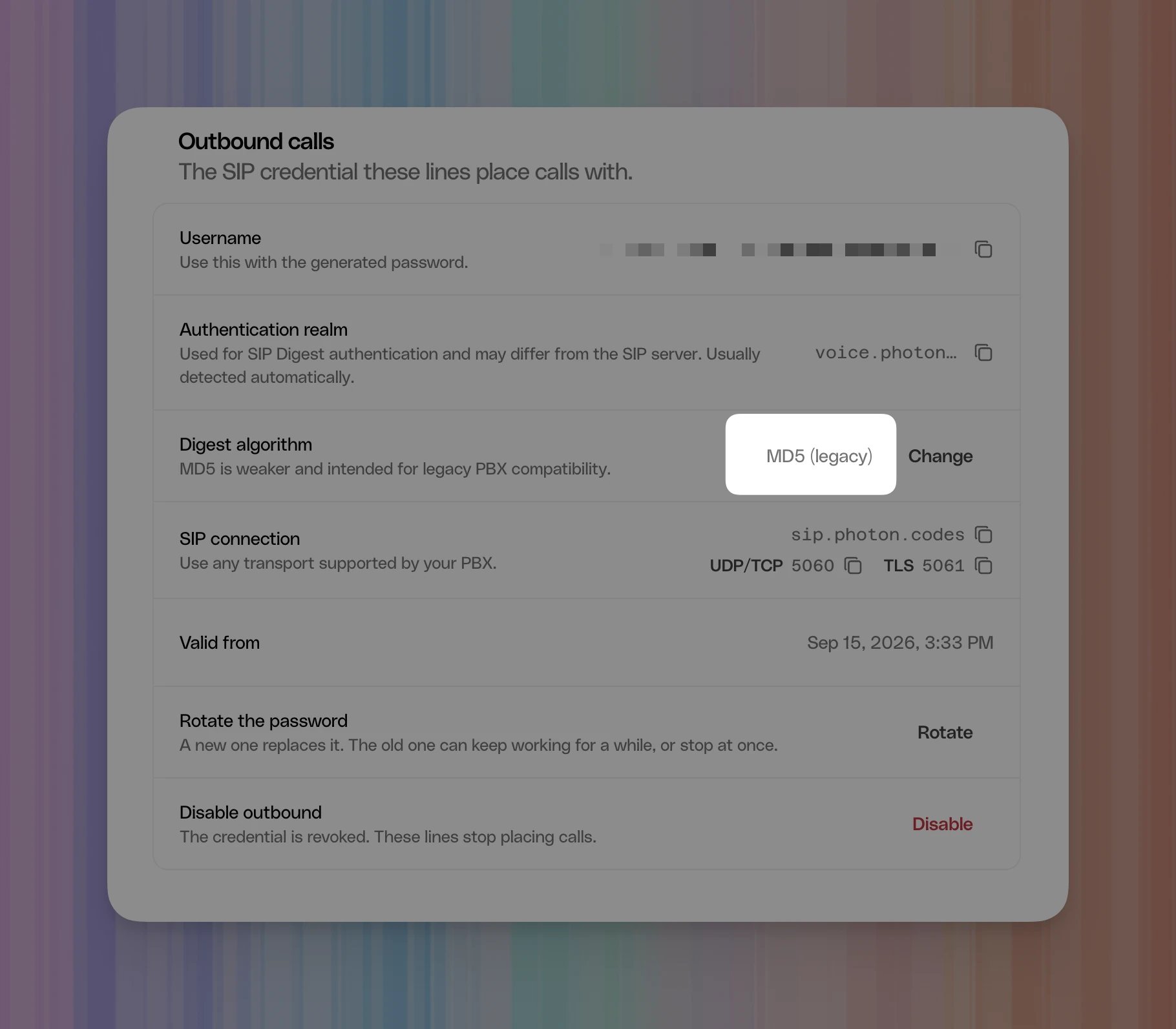 Photon Outbound calls settings with MD5 (legacy) highlighted under Digest algorithm.
