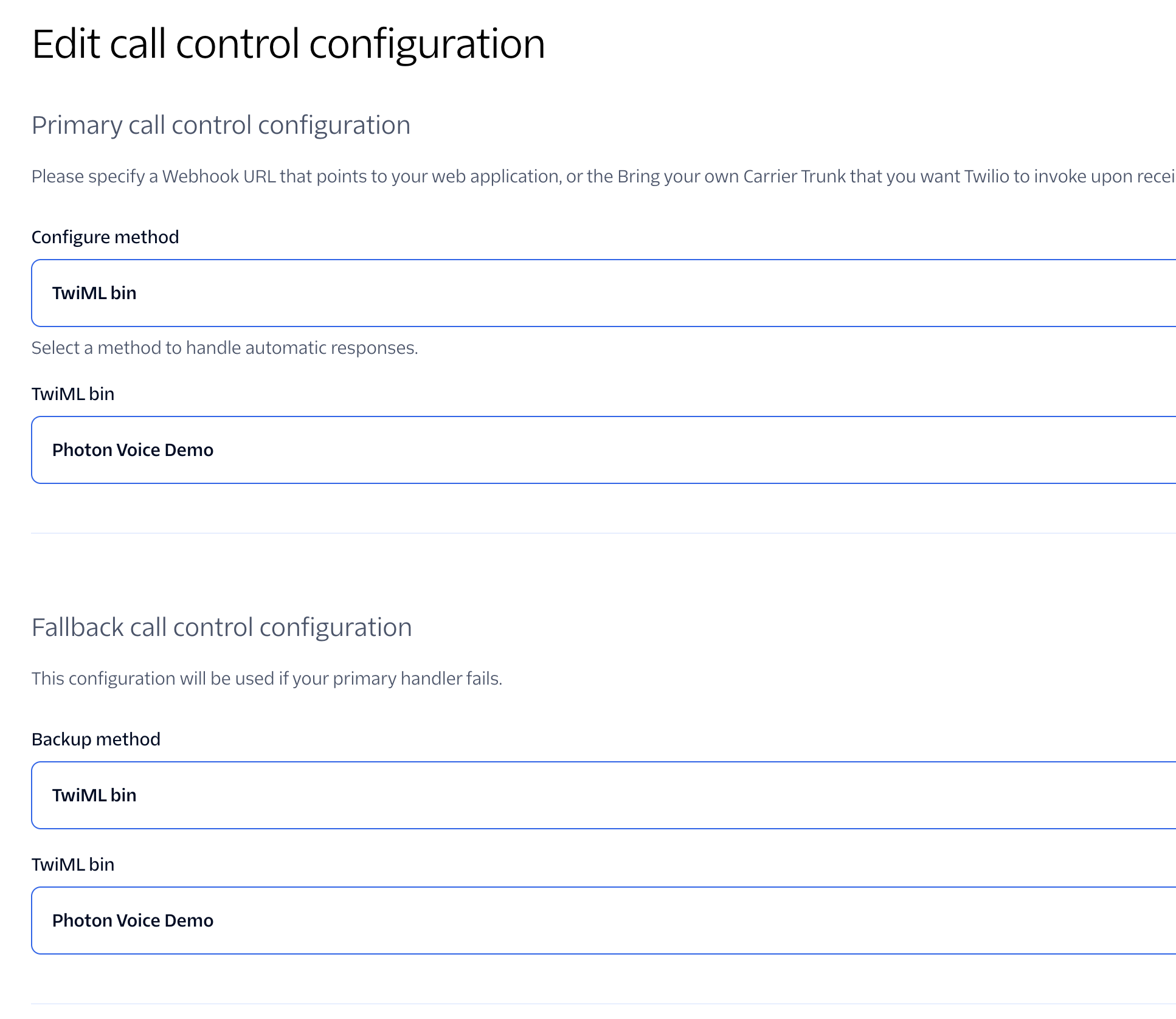 Twilio call control configuration with TwiML bin selected as both methods and Photon Voice Demo selected for both primary and fallback.