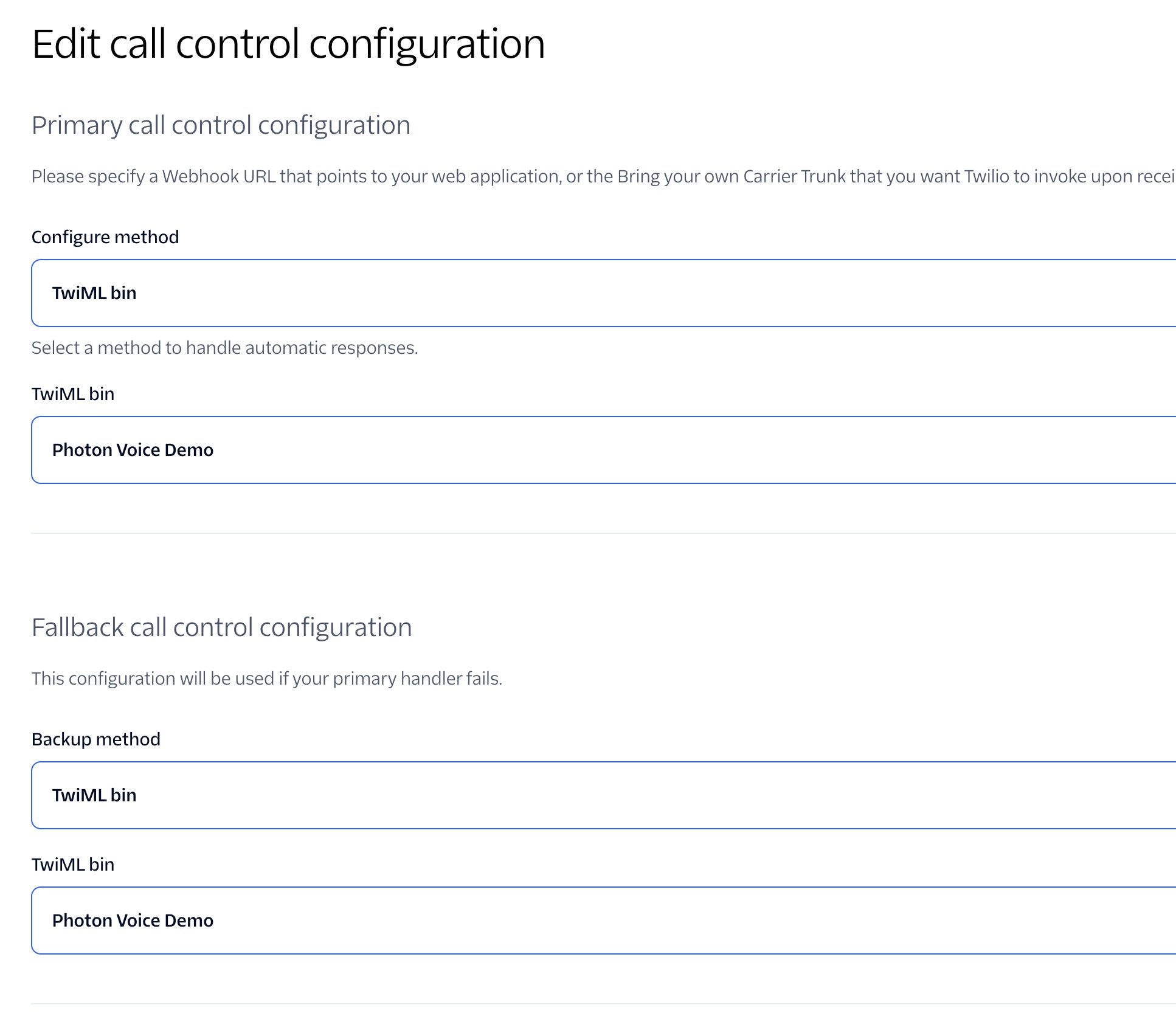 Twilio call control configuration with TwiML bin selected as both methods and Photon Voice Demo selected for both primary and fallback.