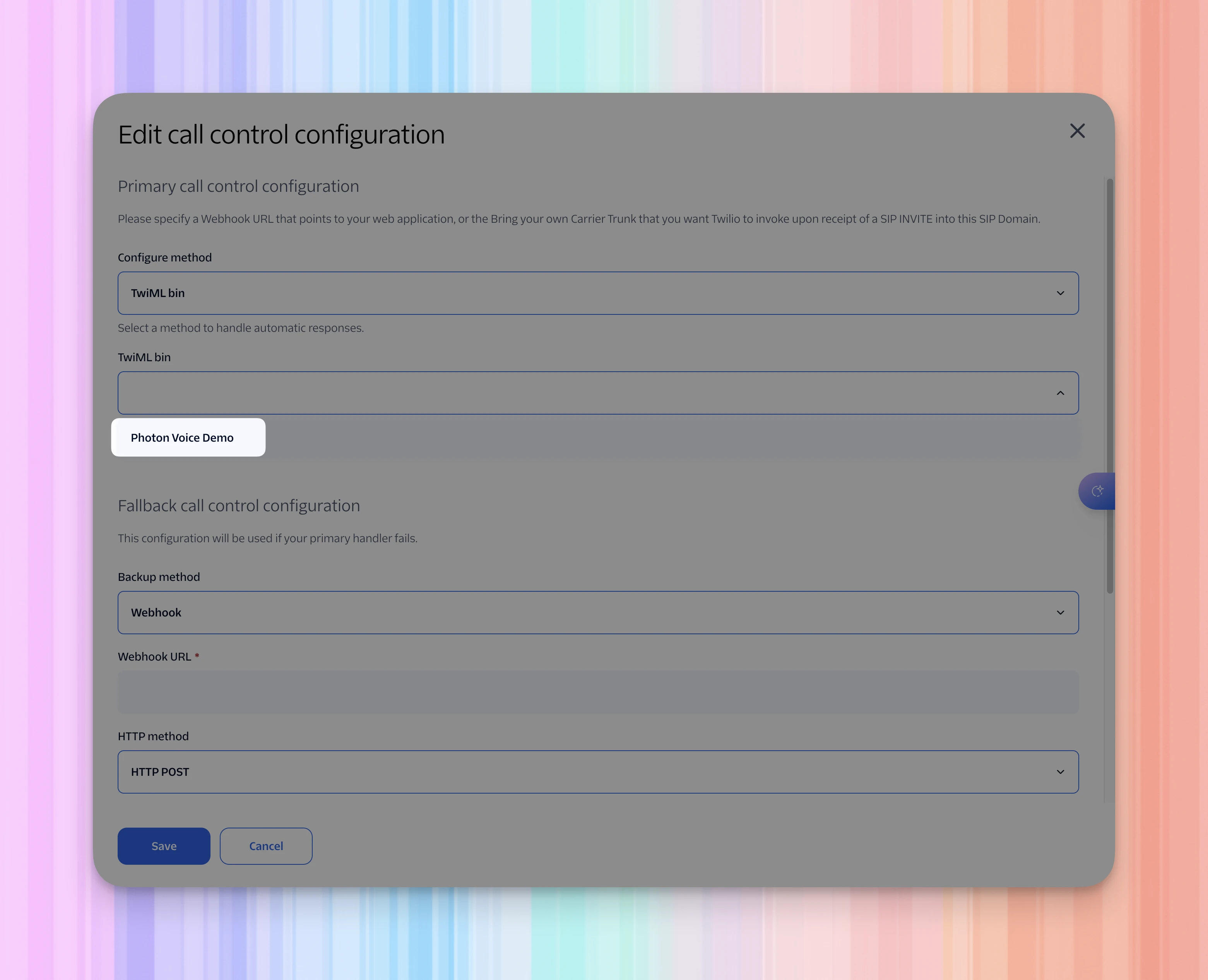 Twilio primary TwiML bin menu with Photon Voice Demo highlighted for selection.