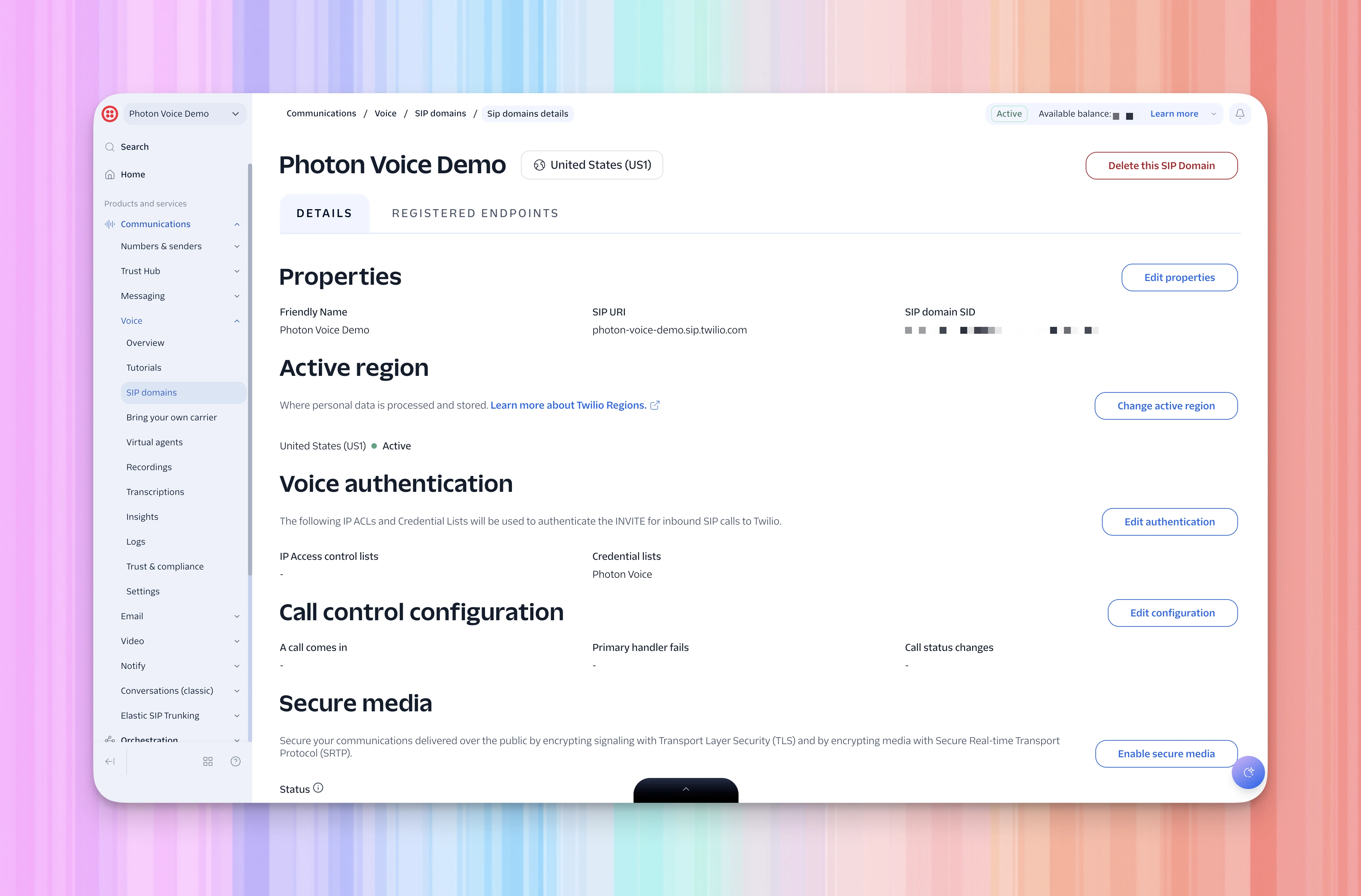 Twilio Photon Voice Demo domain details showing its SIP URI, Photon Voice credential list, and Edit configuration under Call control configuration.