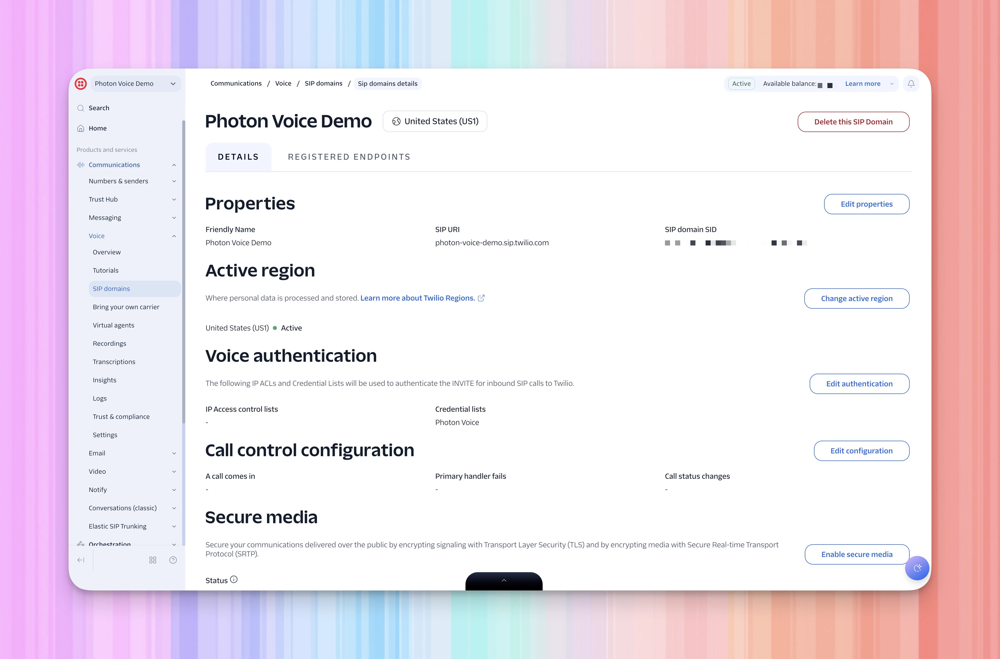 Twilio Photon Voice Demo domain details showing its SIP URI, Photon Voice credential list, and Edit configuration under Call control configuration.